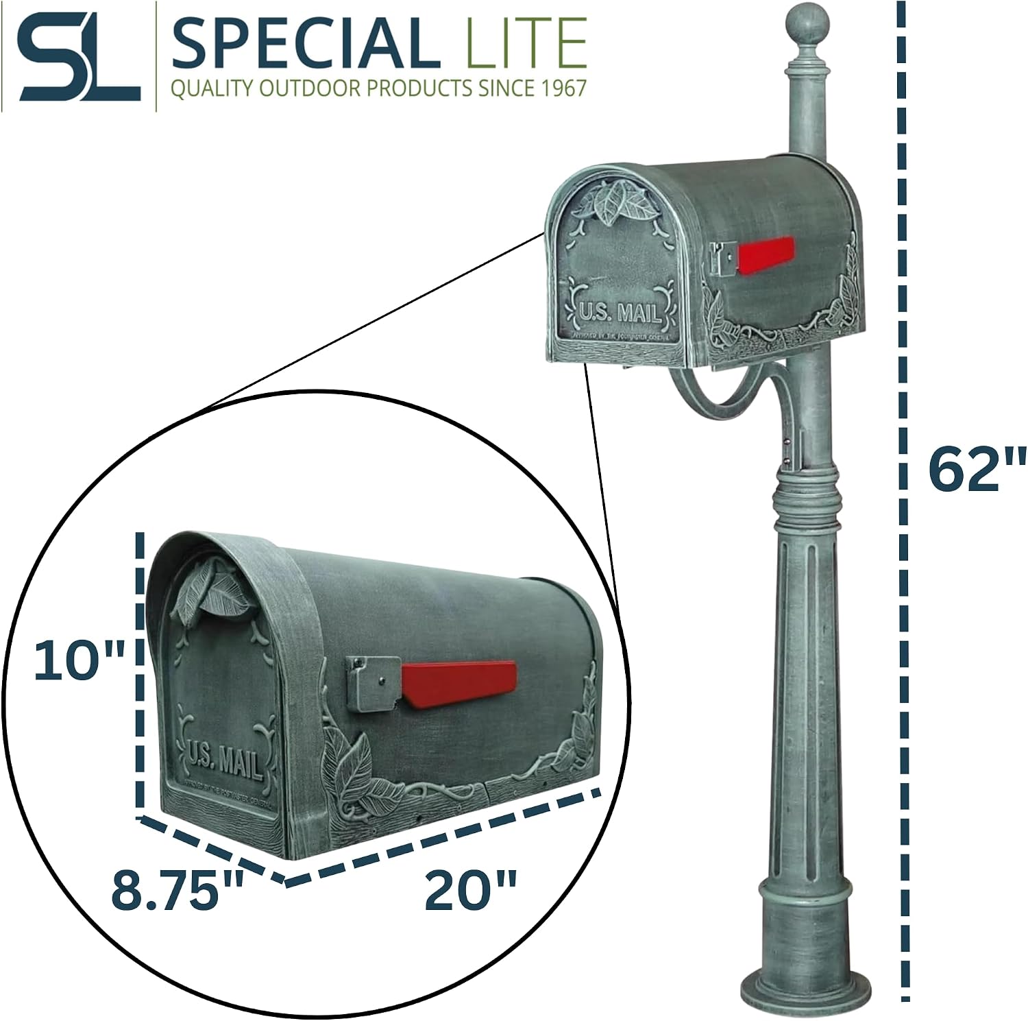 Special Lite Floral Curbside Mailbox with Ashland Post - Verde Green Mailbox with Aluminum Post - SCF-1003_SPK-600-VG