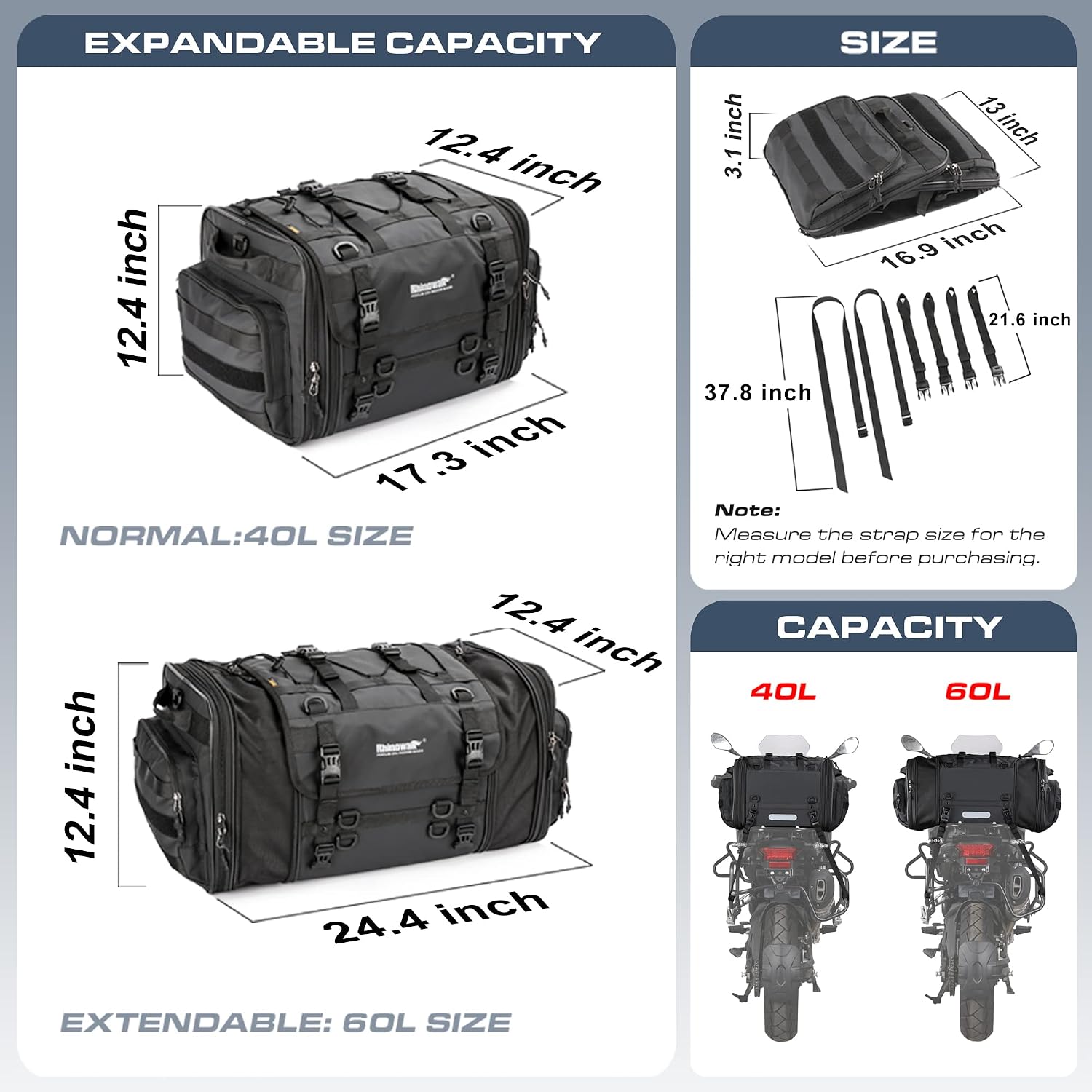 Rhinowalk Motorcycle Tail Bag, Expandable Motorcycle Travel Luggage Bags 60L, Waterproof All-Weather Trunk Rack Bag with Sissy Bar Straps & Helmet Rain Cover-Black