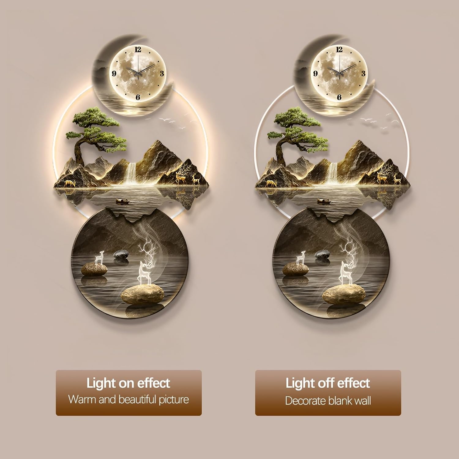 XQDYSG Wall Sculptures 3D Wall Art Decor Clock Plug-in Power Supply Home Decor Wall Modern Wall Hanging Sculpture Painting with LED Light for Bedroom Living Room Apartmen(Stylle C,23.62 * 47.24IN)