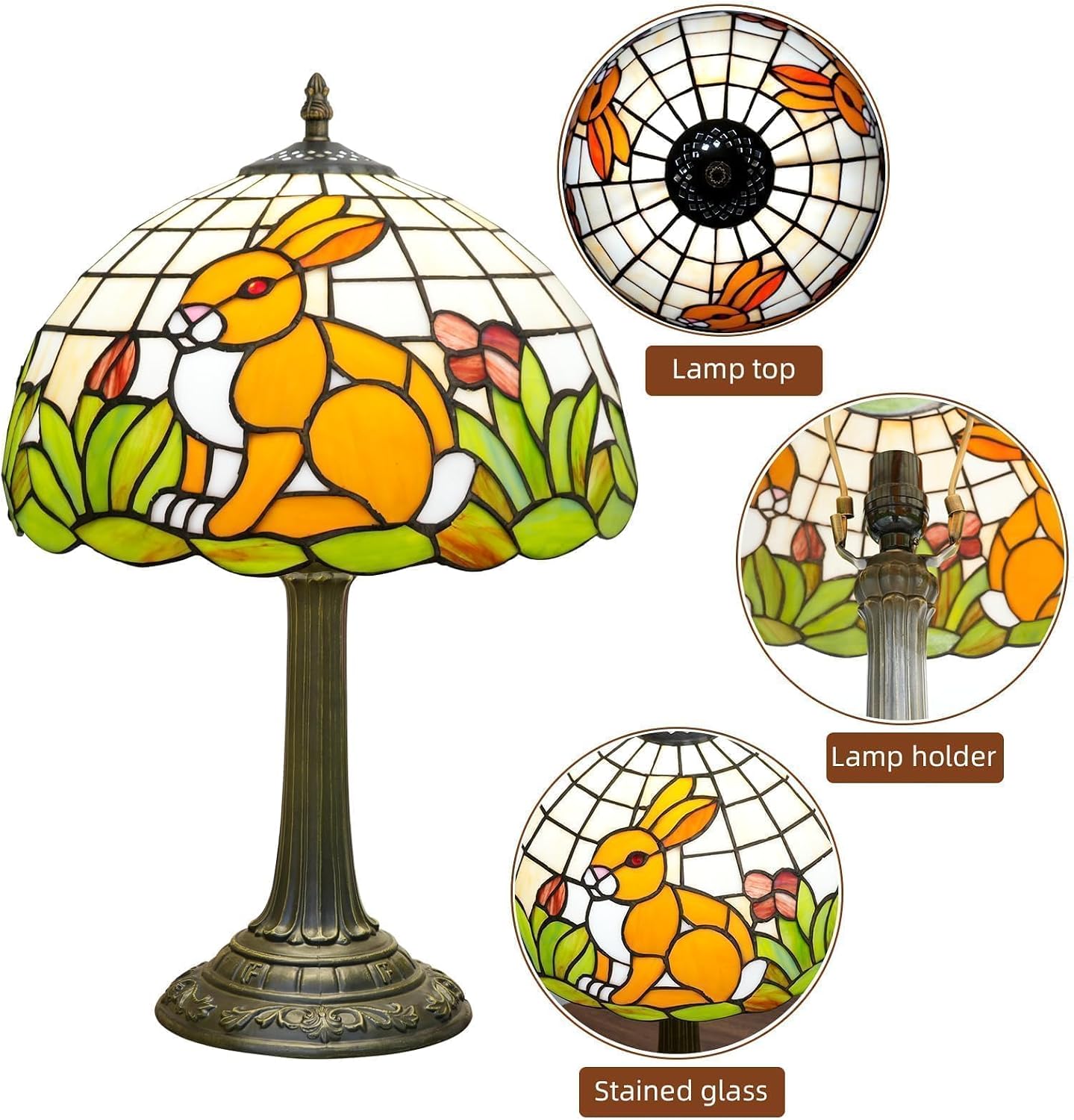 Tiffany Style Lamp with Cat Rabbit Stained Glass Lamp 12 Inch Retro Bronze Base Bedside Lamp Bedroom Living Room, Cafe，Restaurant Art Nouveau Style Decorative Child Interest Ambient Light