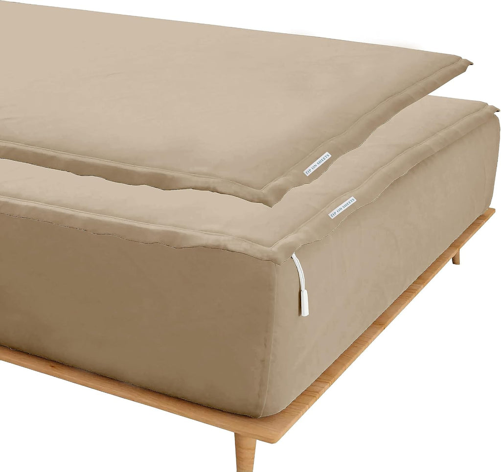 Zip On Sheets™ Zipper Fitted Sheet Queen Size - Upto 16' Inch Deep Pockets - Includes 1 Fitted Sheet Base & 2 Zip-On Sheets - Easy to Use, Sateen Cotton 500 TC Fitted Sheet - Baige