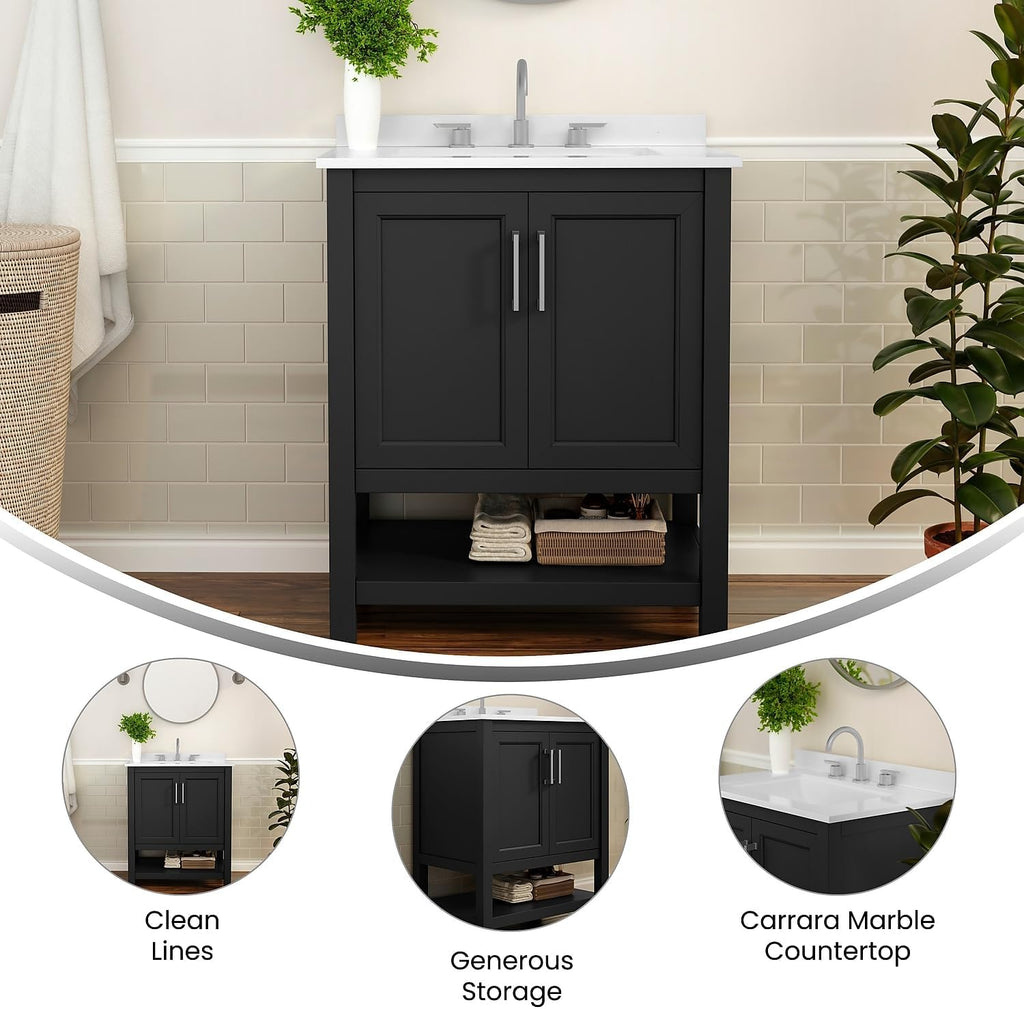 Flash Furniture Vega 30 Inch Bathroom Vanity with Sink Combo, Storage Cabinet with Soft Close Doors and Open Shelf, Carrara Marble Finish Countertop, Black