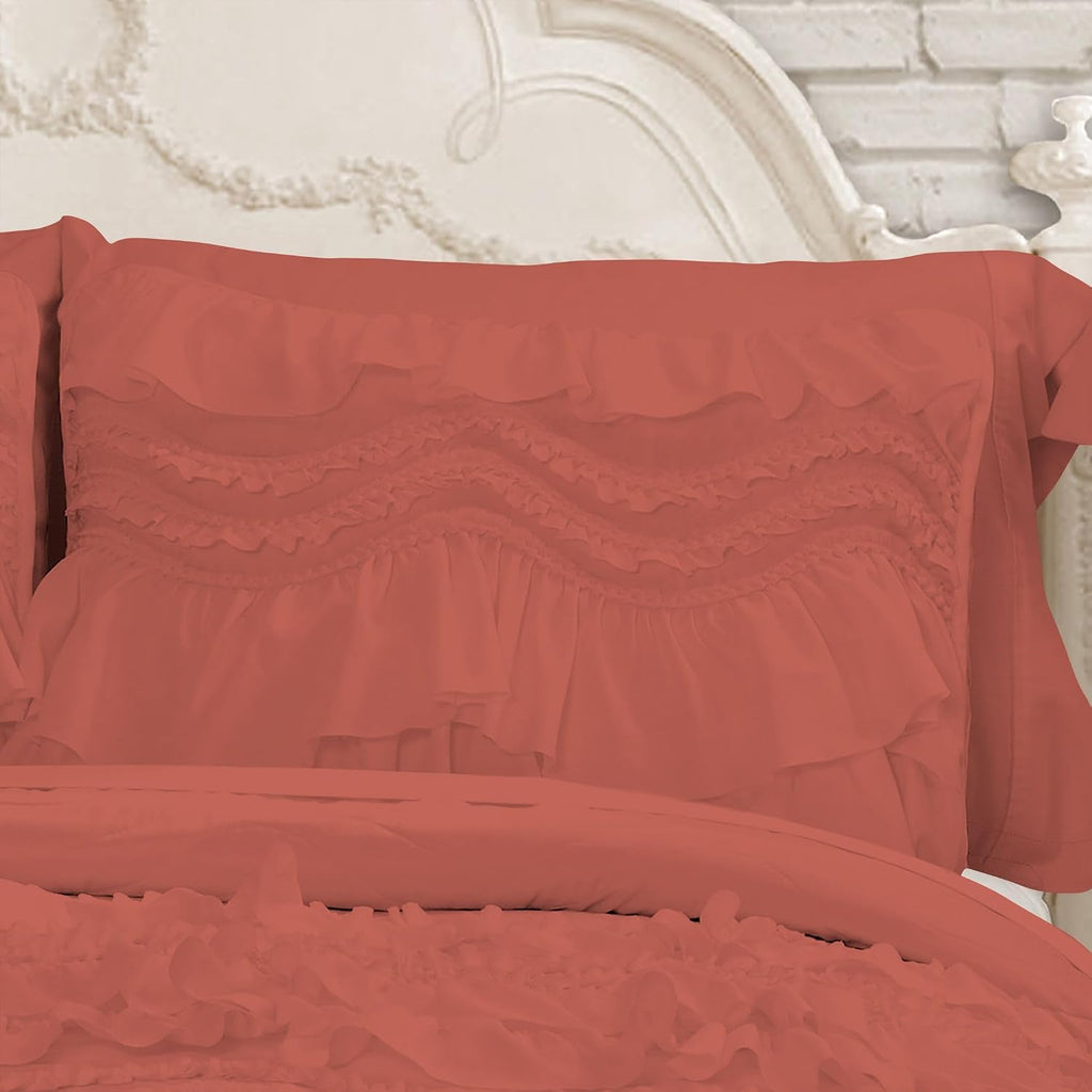 100% Egyptian Cotton, 550 GSM Microfiber Filled Quilt Ruffled Textured 3 Piece Full/Queen Size Comforter Set, Brick Red