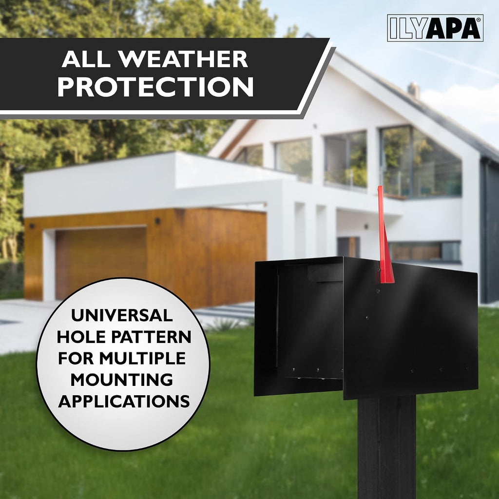 Ilyapa Modern Black Steel Mailbox & Heavy-Duty Post Kit: Curbside Welded Mail Box with Magnetic Door & Stainless Steel Hinges, Includes 43' Metal Post & Universal Mounting Brackets