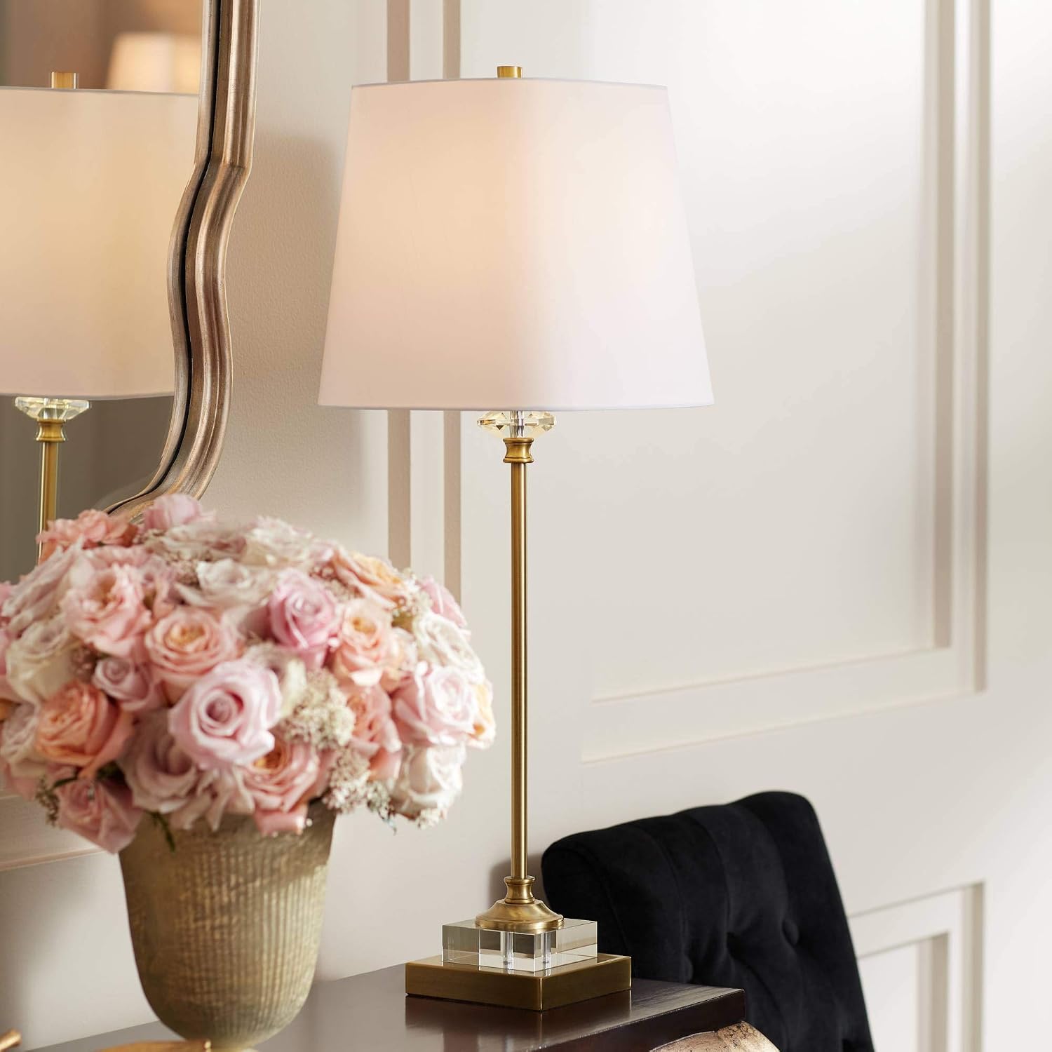 Regency Hill Julia 29 1/2' Tall Skinny Buffet Traditional Glam End Table Lamps Set of 2 Gold Clear Crystal Metal Living Room Bedroom Bedside Nightstand House Office Home Reading White Shade