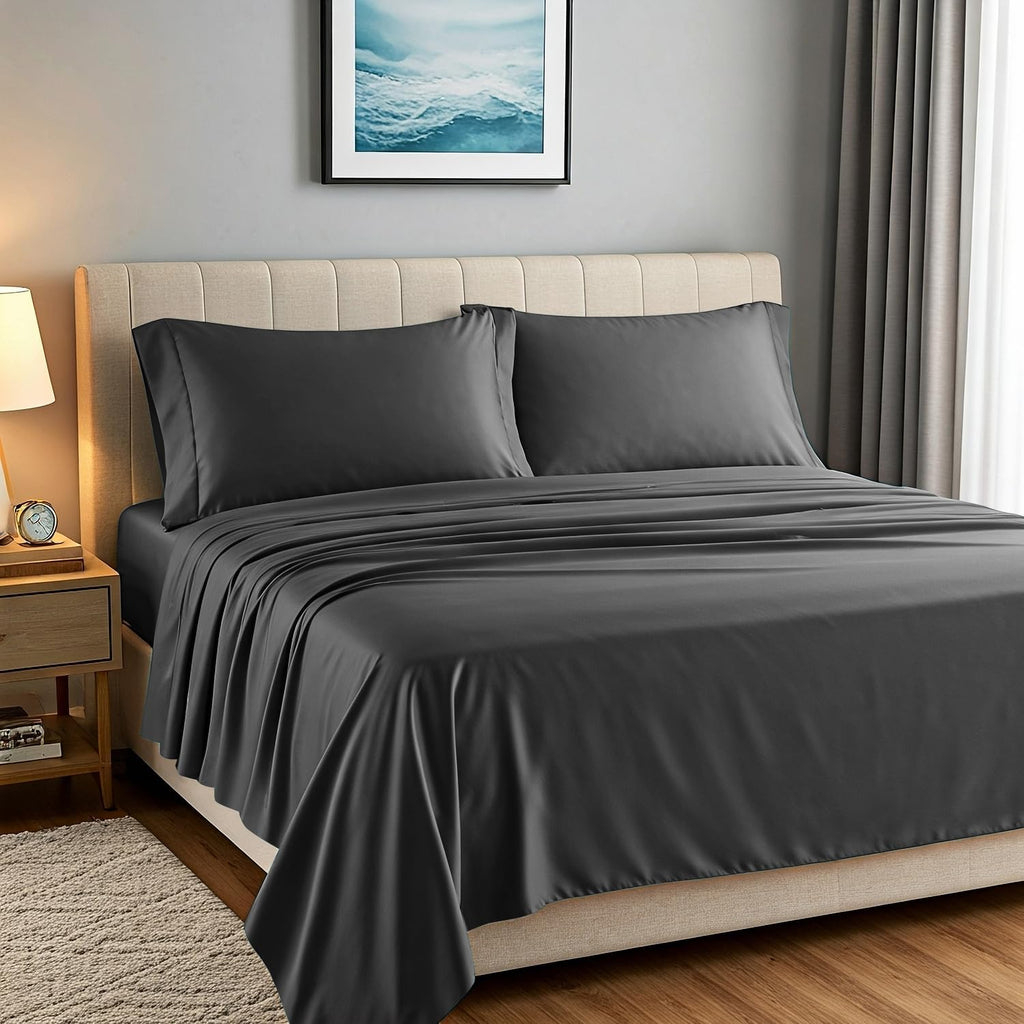 Carressa Linen 100% Egyptian Cotton King Size Sheets Set - Luxury 1500 Series Heliconia Collection Egyptian Cotton Sheets King Size (4 PC, Dark Grey), 17' Deep Pocket, Sateen Hotel Quality Bedding
