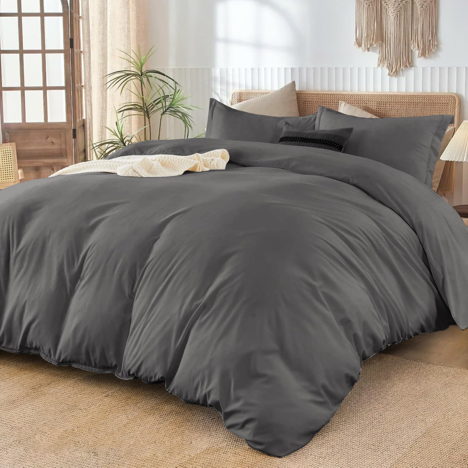 800TC 3 Sided Zipper Duvet Cover Set Soft Egyptian Cotton 3 Sided Zipper Closure, 3 PCS 1-Duvet Cover & 2- Pillow Shams - Oversize Queen Size (98' x 98') Inches, (Solid Dark Grey)