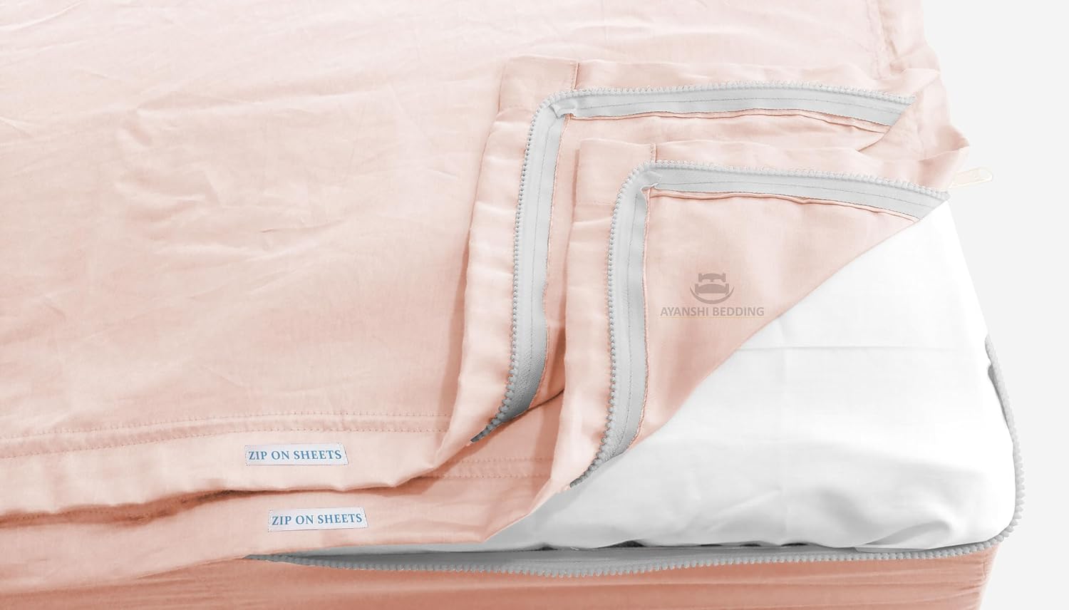 Cotton Zip On Fitted Sheet Queen - 2 Zip On Sheets & 1 Fitted Sheet Base - Upto 16' Inch Deep Pocket Queen Size Zipper Fitted Sheets - Soft & Luxury 600 TC 100% Cotton Zip Sheets - Blush