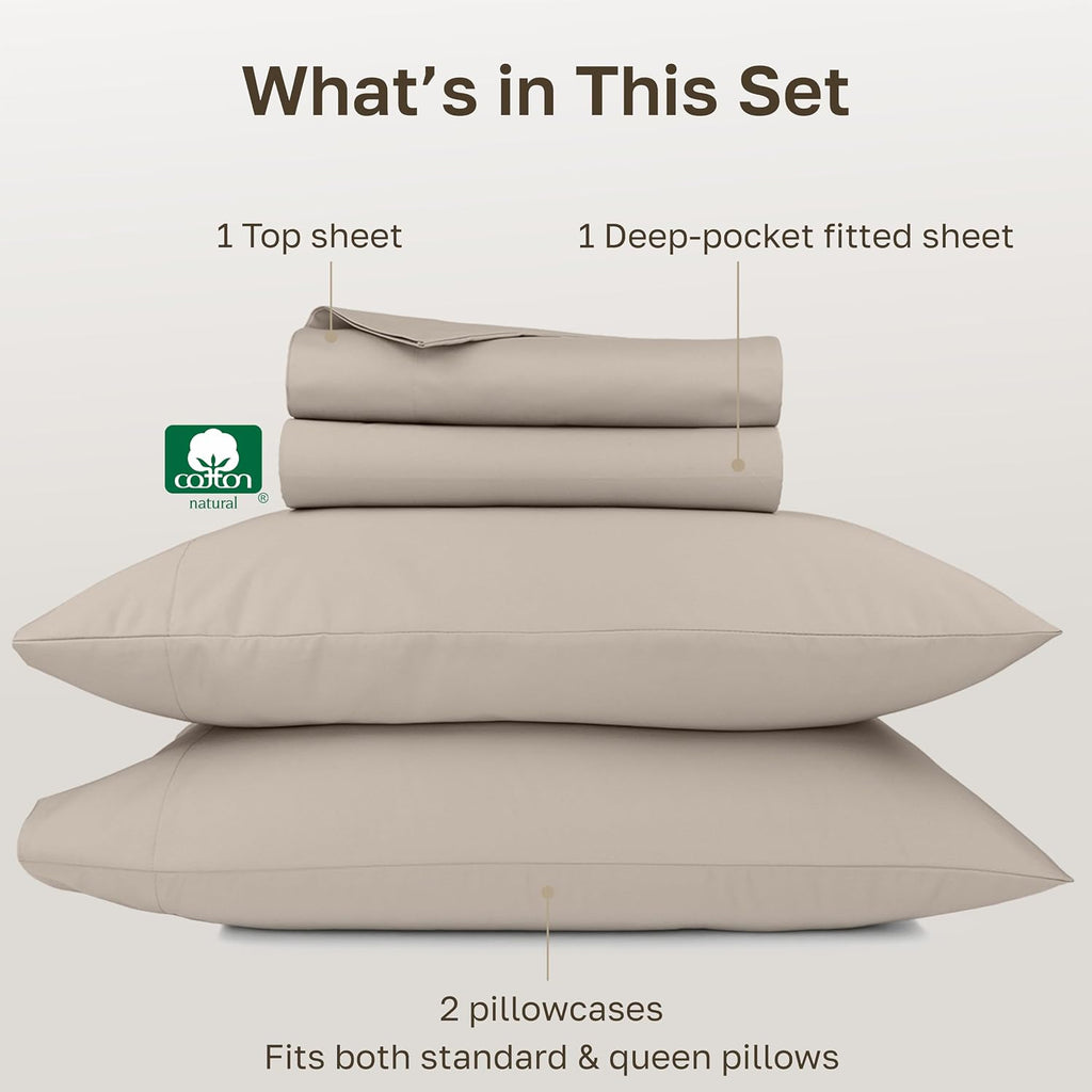 California Design Den Thick and Natural 100% Cotton Sheets Queen Size Set - 1000 Thread Count Sateen, Deep Pocket Queen Sheets, Durable Bedding Set - Beige (Sand Tone)