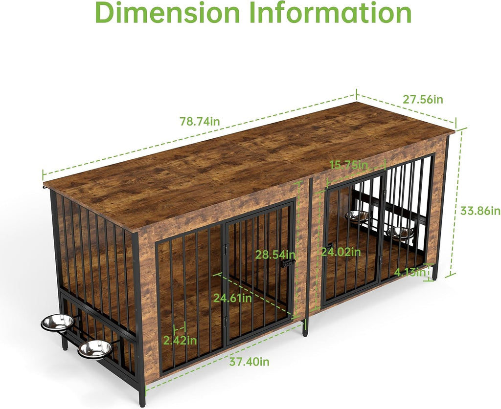 Real Relax 78' Large Dog Crate Furniture for 1 or 2 Dogs with with Rotating Dog Bowl Rack, Heavy Duty Dog Kennel Furniture for Small/Medium Dogs with 4 Bowls, Dog Cage with Steel Frame, Brown