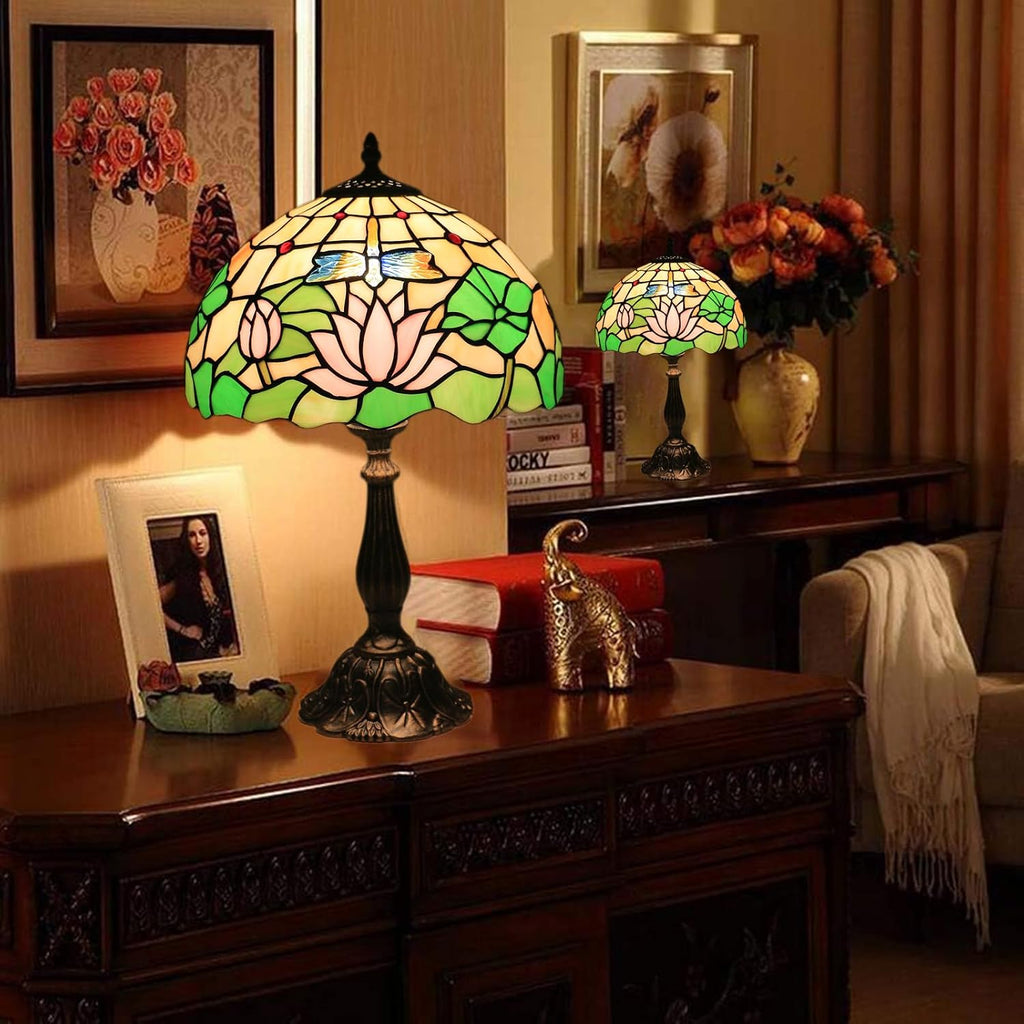Tiffany Side Table Lamps for Living Room W/LED Bulb Lotus Flower Stained Glass Shade Bedside End Table Lamp 12X12X19Inch Desk Lamps for Home Office Classic Farmhouse Reading Table Lamps