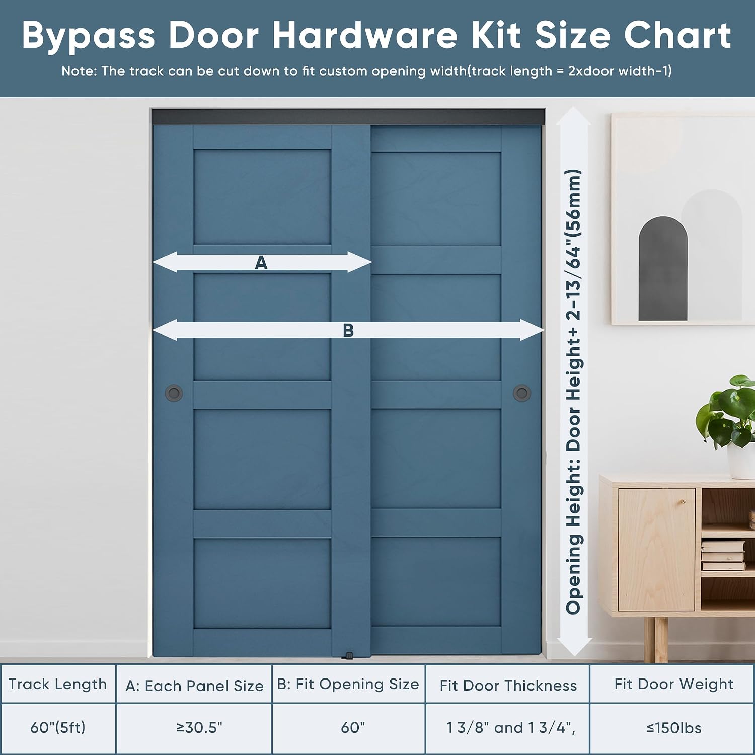 JUBEST 5FT/60 Heavy Duty Bypass Door Hardware with Soft Close Mechanism, Sturdy Closet Door Track for 2 Door System, Quietly and Smoothly, Fit Door Thickness 1 3/8' or 1 3/4', Easy to Install, Black