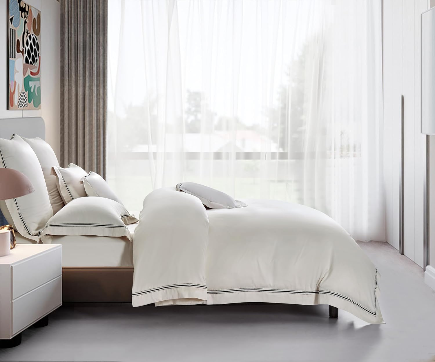 3Pcs Duvet Cover Set Egyptain Cotton Champagne Lace Luxury Wedding Collection (Off White, King)