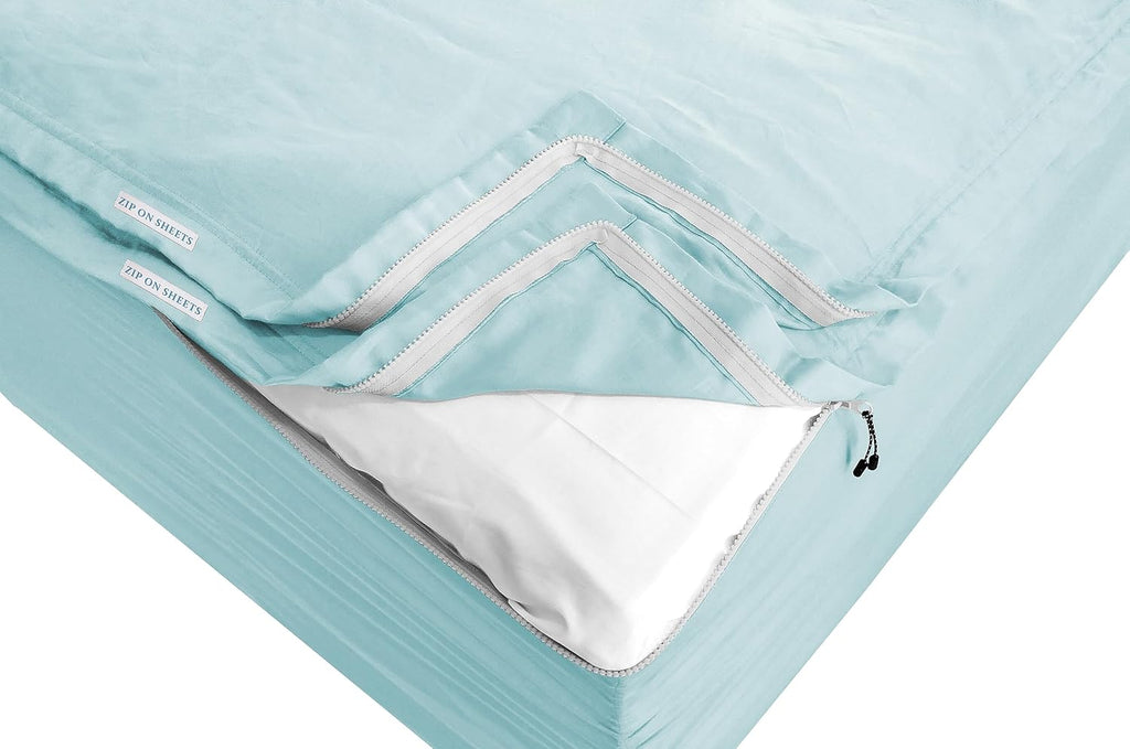 Zip On Sheets™ Zipper Fitted Sheet Queen Size - Upto 16' Inch Deep Pockets - Includes 1 Fitted Sheet Base & 2 Zip-On Sheets - Easy to Use, Sateen Cotton 500 TC Fitted Sheet - Aqua Blue