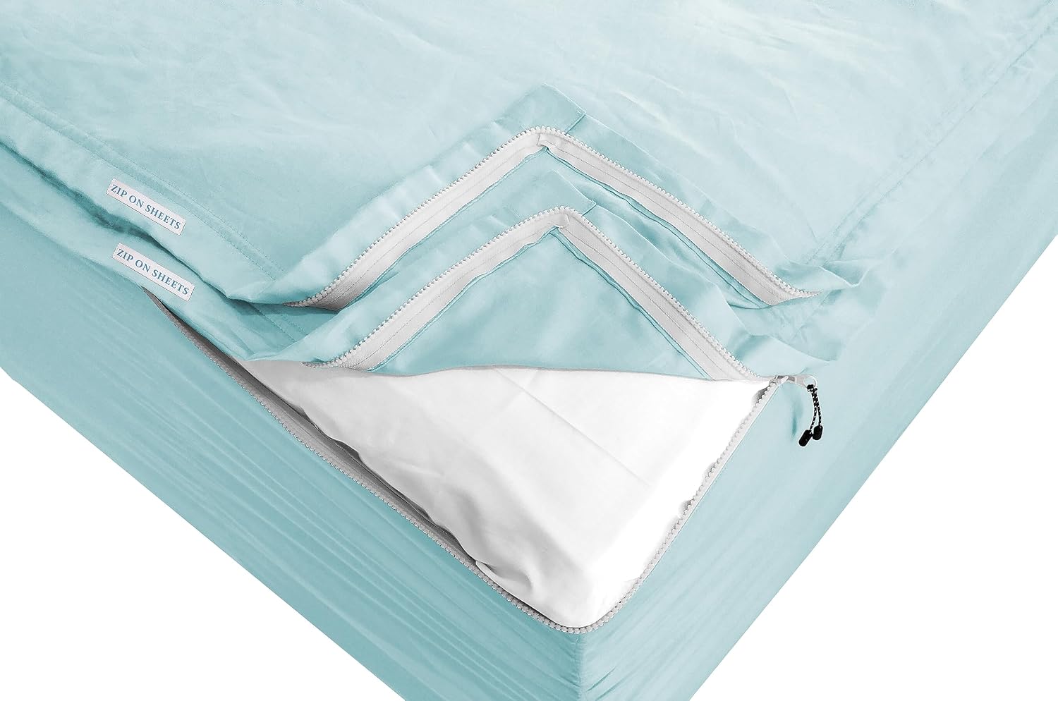 Zip On Sheets™ Zipper Fitted Sheet Queen Size - Upto 16' Inch Deep Pockets - Includes 1 Fitted Sheet Base & 2 Zip-On Sheets - Easy to Use, Sateen Cotton 500 TC Fitted Sheet - Aqua Blue