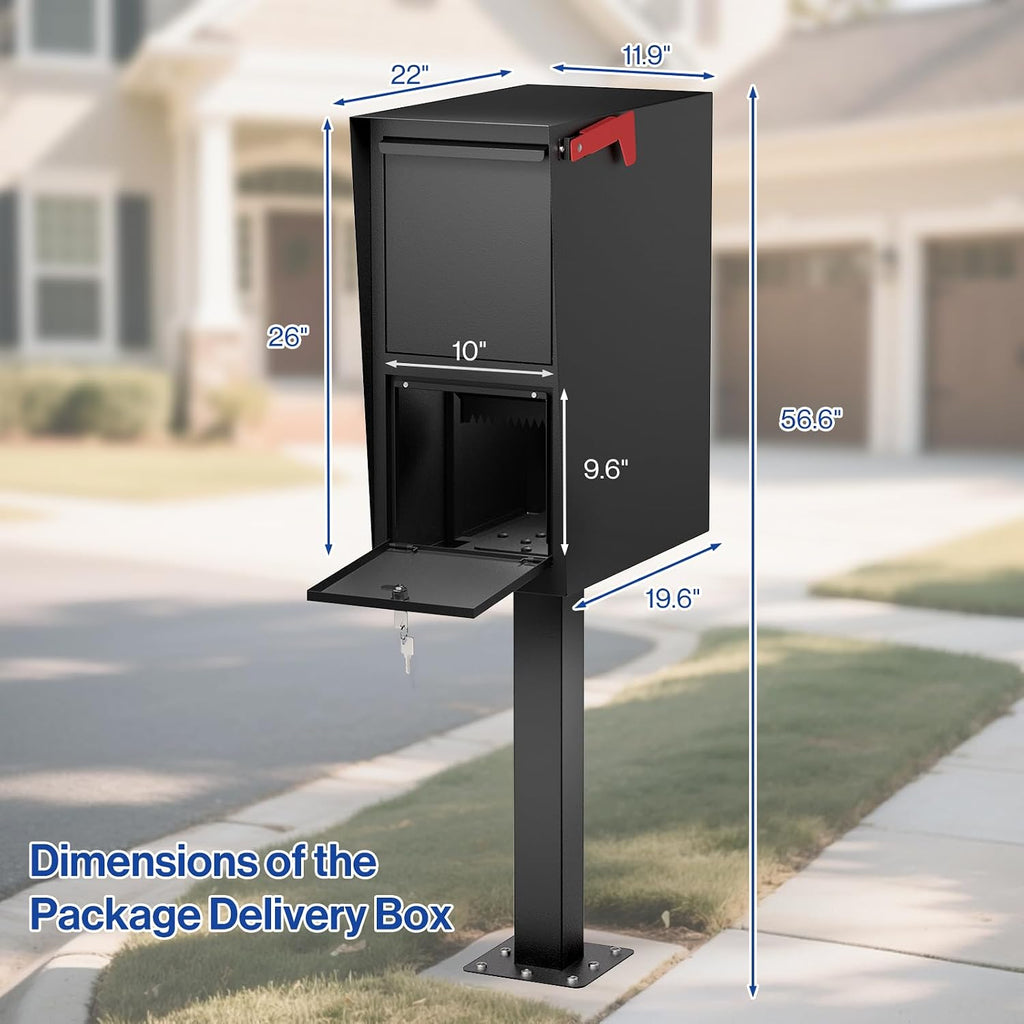 Secure Curbside Locking Mailbox for Packages, Weekend-Away Design with In-Ground Post and Base Plate (Black)