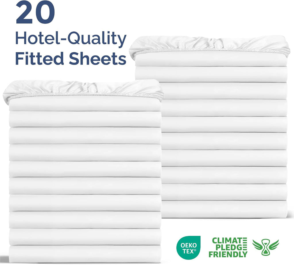 Bulk Case Pack of 20 Fitted Sheets - (20) Queen Size Fitted Sheets with Deep Pockets - Wholesale Bulk Bedding for Hotels, Spas & Airbnbs - Breathable & Cooling - Soft and Wrinkle Free - (Queen, White)