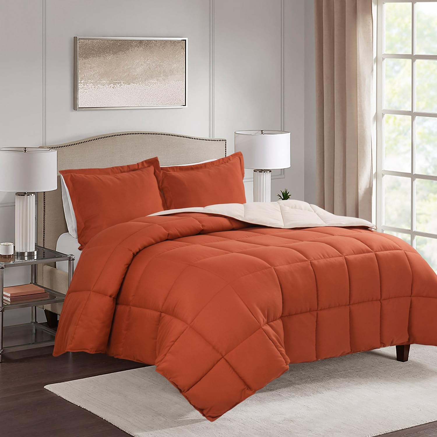 Olivia Rocco 1 Piece 1000 Thread Count Comforter Full XL/Queen Size (88' x 92') Inch 100% Egyptian Cotton Comforter 400 GSM Soft Quality - Burnt Orange Solid