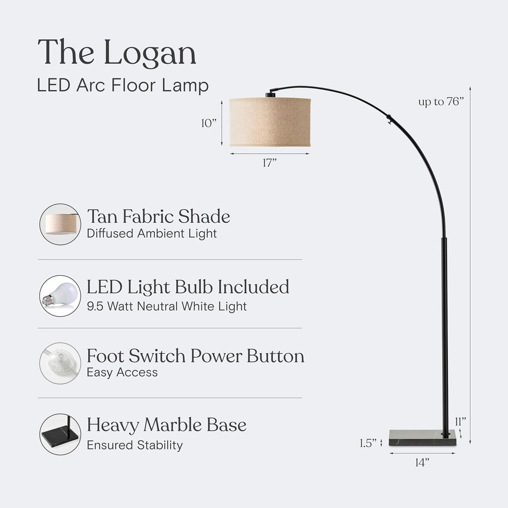 Brightech Logan Arc Floor Lamp, Bright Standing Lamp for Living Rooms, Offices & Bedrooms, Modern Living Room Décor, Tall Hanging Floor Lamp for Reading and More – Black