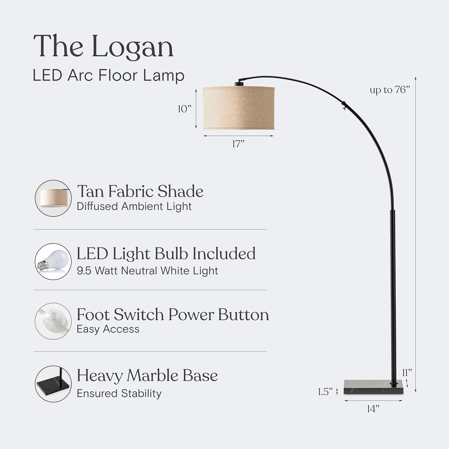 Brightech Logan Arc Floor Lamp, Bright Standing Lamp for Living Rooms, Offices & Bedrooms, Modern Living Room Décor, Tall Hanging Floor Lamp for Reading and More – Black