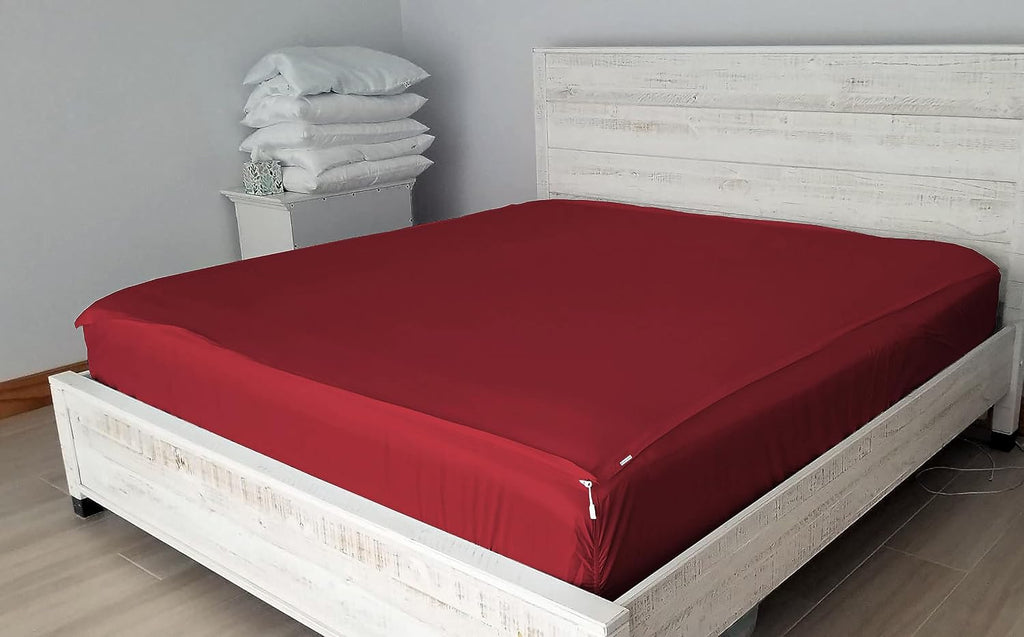 Cotton Zip On Fitted Sheet Queen - 2 Zip Sheets & 1 Fitted Sheet Base - Upto 16' Inch Deep Pocket Queen Size Zipper Fitted Sheets - Soft & Luxury 600 TC 100% Cotton - Burgundy