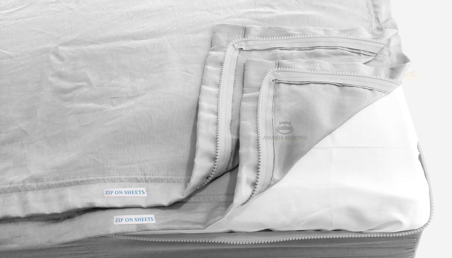 Cotton Fitted Sheet Queen - 2 Zip Sheets & 1 Fitted Sheet Base - Upto 16' Deep Pocket Queen Size Zipper Sheets - Soft & Luxury 600 TC 100% Cotton - Silver Grey