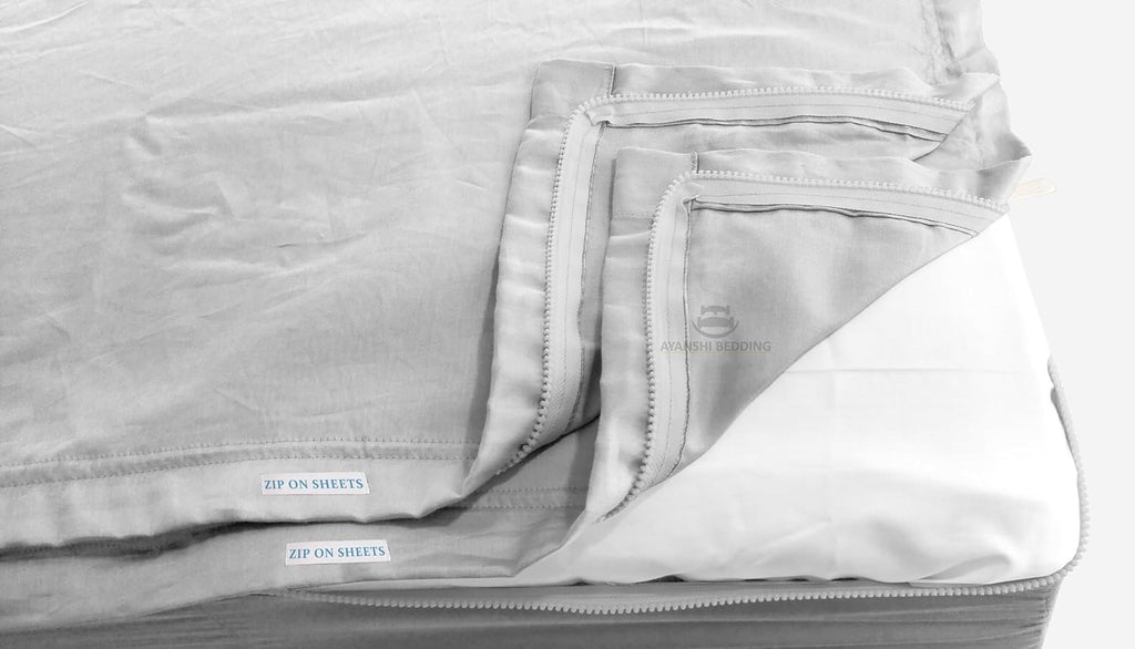 Cotton Zip On Fitted Sheet Full - 2 Zip On Sheets & 1 Fitted Sheet Base - Upto 16' Inch Deep Pocket Full Size Zipper Fitted Sheets - Soft & Luxury 600 TC 100% Cotton Zip Sheets - Silver Grey