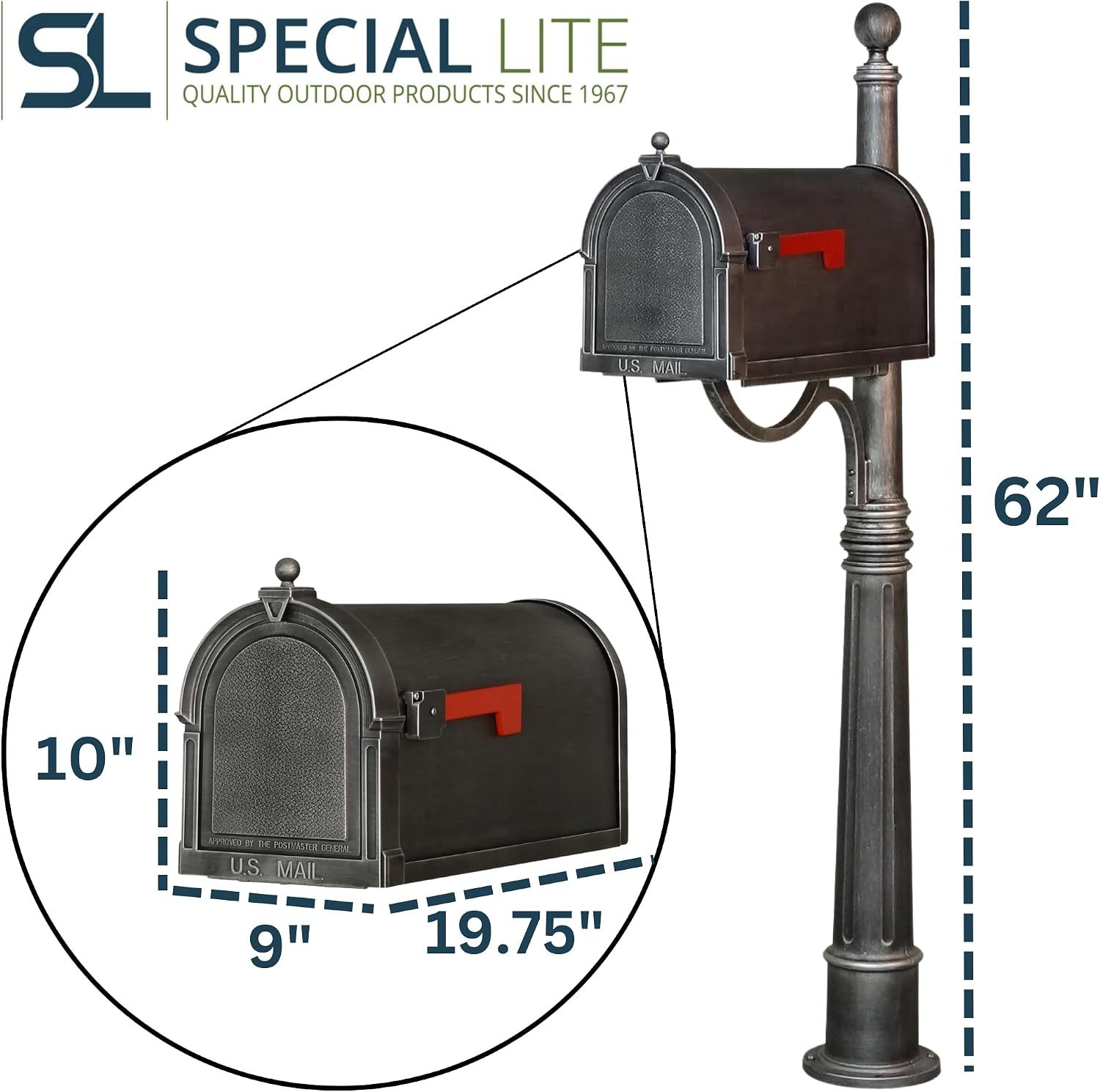 Special Lite Berkshire Curbside Mailbox with Aluminum Post - Swedish Silver Mailbox with Ashland Post - SCB-1015_SPK-600-SW