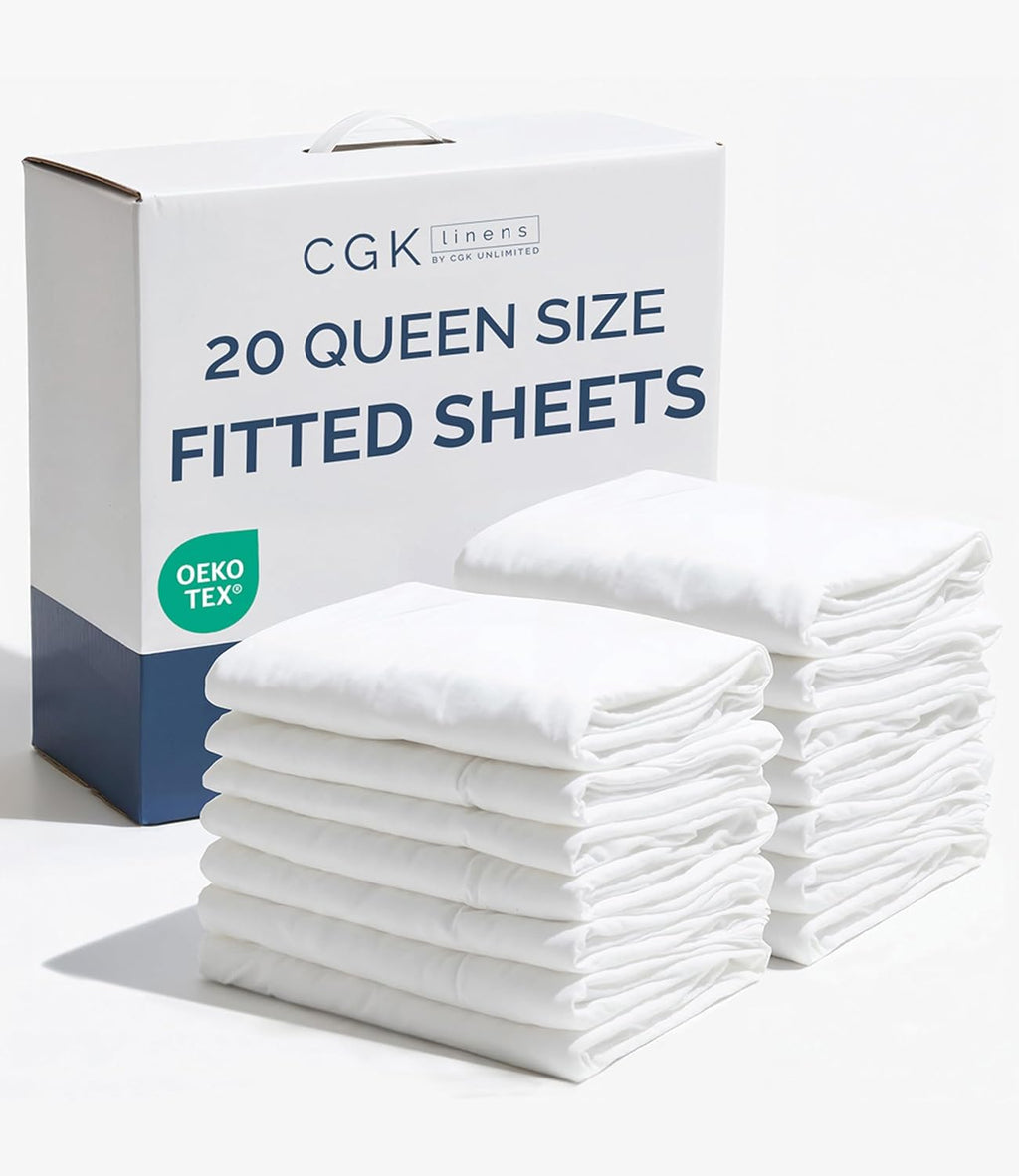 Bulk Case Pack of 20 Fitted Sheets - (20) Queen Size Fitted Sheets with Deep Pockets - Wholesale Bulk Bedding for Hotels, Spas & Airbnbs - Breathable & Cooling - Soft and Wrinkle Free - (Queen, White)