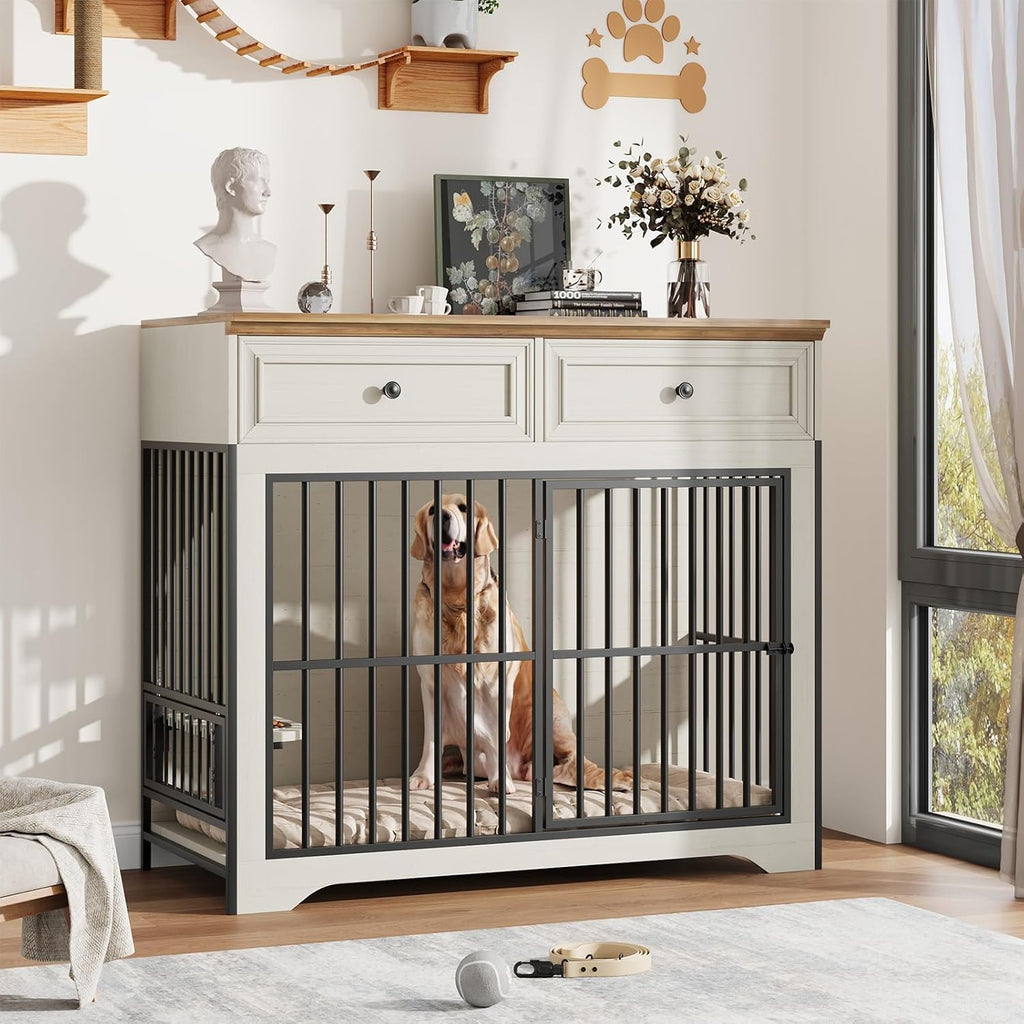 QUW 42' Modern Dog Crate Furniture, Wooden Dog Kennel for Medium to Large with 360° Rotating & 3-Levels Adjustable Height Dogs Bowl Holder, Decorative Dogs cage Pet House Indoor, Antique White