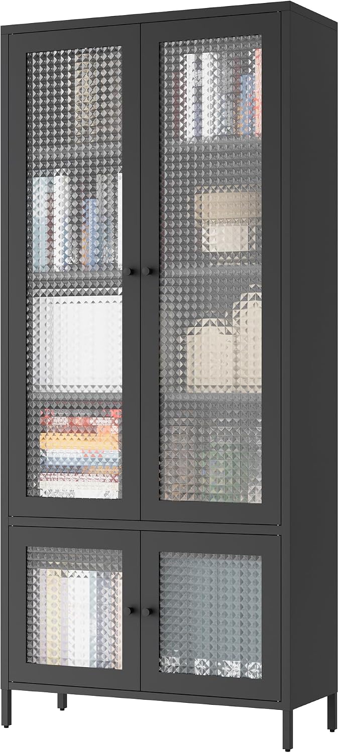 Large Metal Storage Cabinet Display Cabinet with 4 Glass Doors 5 Shelves Side Cabinet Bookcase Freestanding Cabinet for Bedroom Living Room Pantry Home Office - Black, Waffle-Grids Tempered Glass