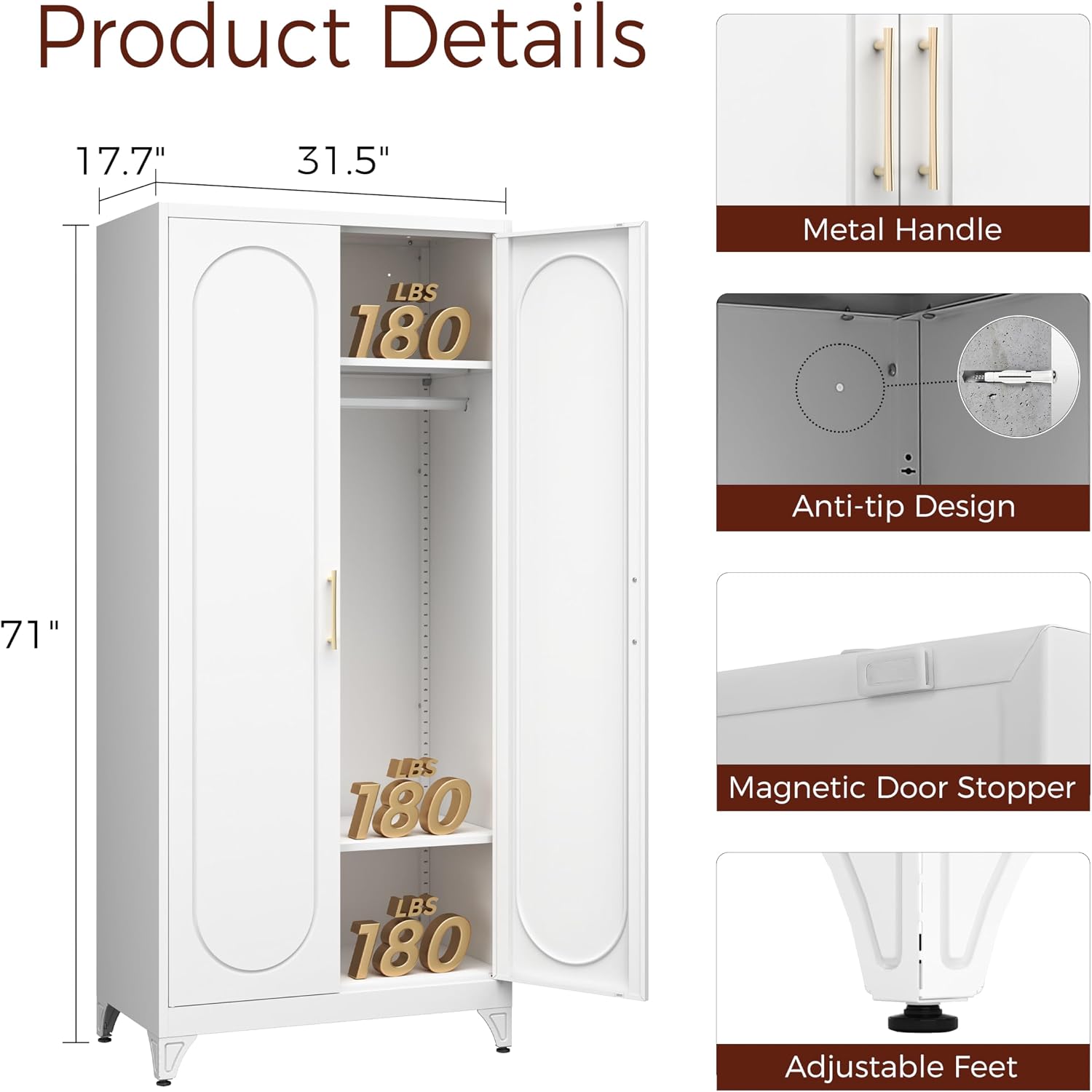 71' White Wardrobe Closet with 2 Doors, Metal Armoire Wardrobe Cabinet with Hanging Rod and Adjustable Shelves, Clothing Storage Cabinets for Bedroom, Laundry Room, Home Office