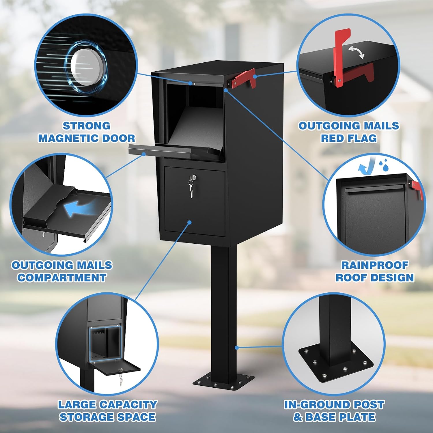 POCHAR Curbside Large Mailbox for Outside with Post - Locking Mailbox Post Mount with Base Plate - Weekend-Away Design Large Street Mail Box(Black)