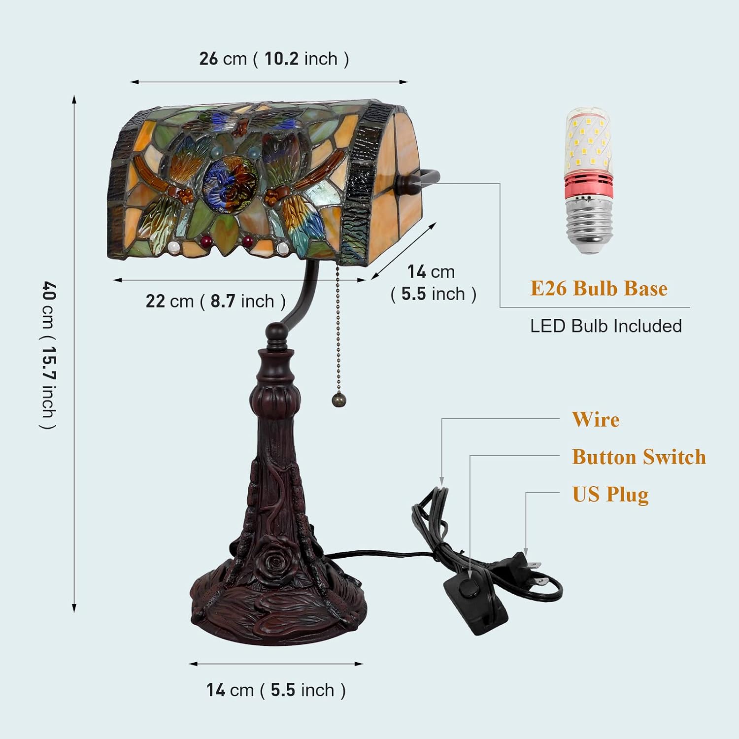 Rose Flower Dragonfly Bankers Lamp Antique Desk Lamps Stained Glass Banker Table Lamp with Pull Chain, Vintage Desk Lamp for Home Office, with Color Changing LED Bulb