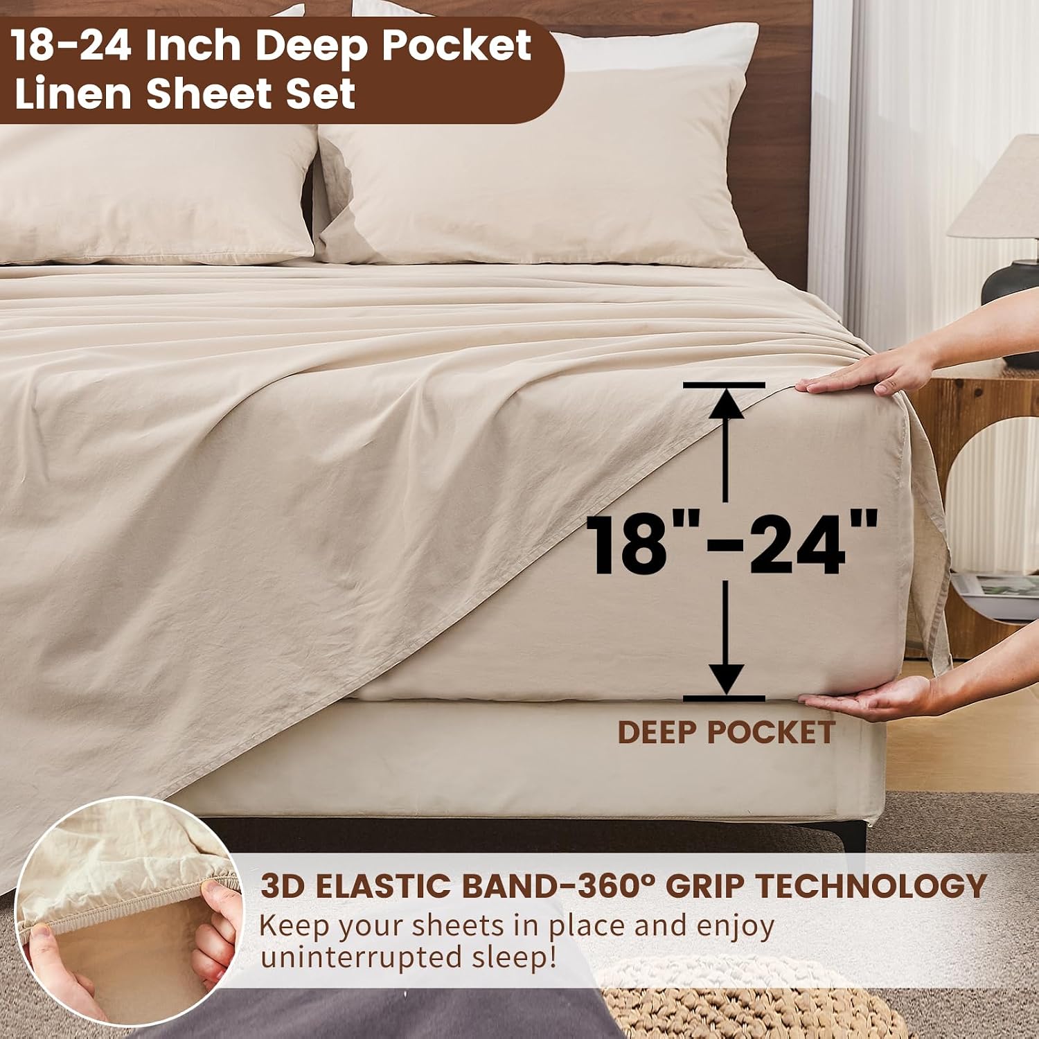 Bedlifes 100% French Linen Sheets Queen Size 18-24'Extra Deep Pocket 4-Piece Set Breathable & Moisture-Wicking,Soft & Durable Sheets for Thick Mattresses(Linen)