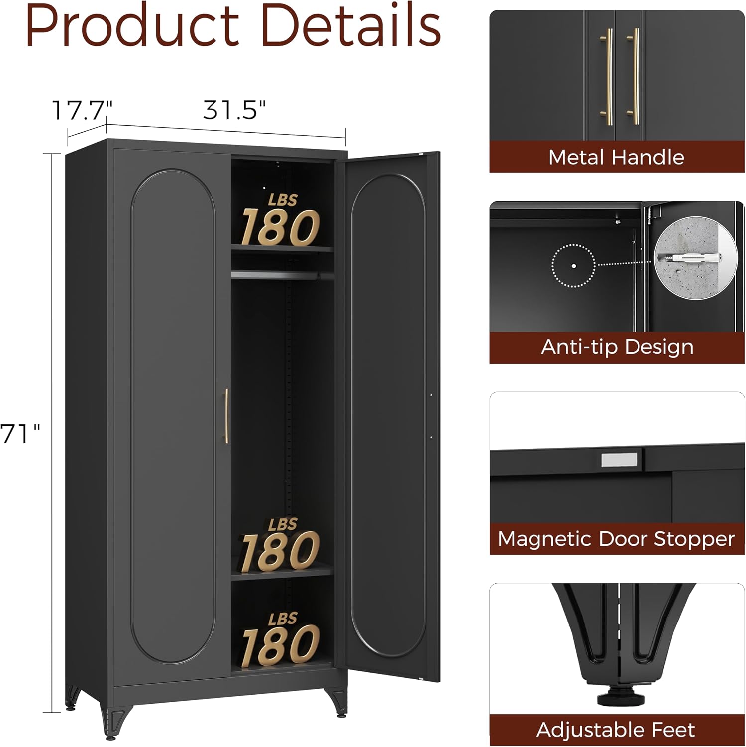 Metal Armoire Wardrobe Closet with 2 Doors, 71' Black Wardrobe Cabinet with Hanging Rod and Adjustable Shelves, Tall Clothing Storage Cabinets for Bedroom, Laundry Room, Home Office