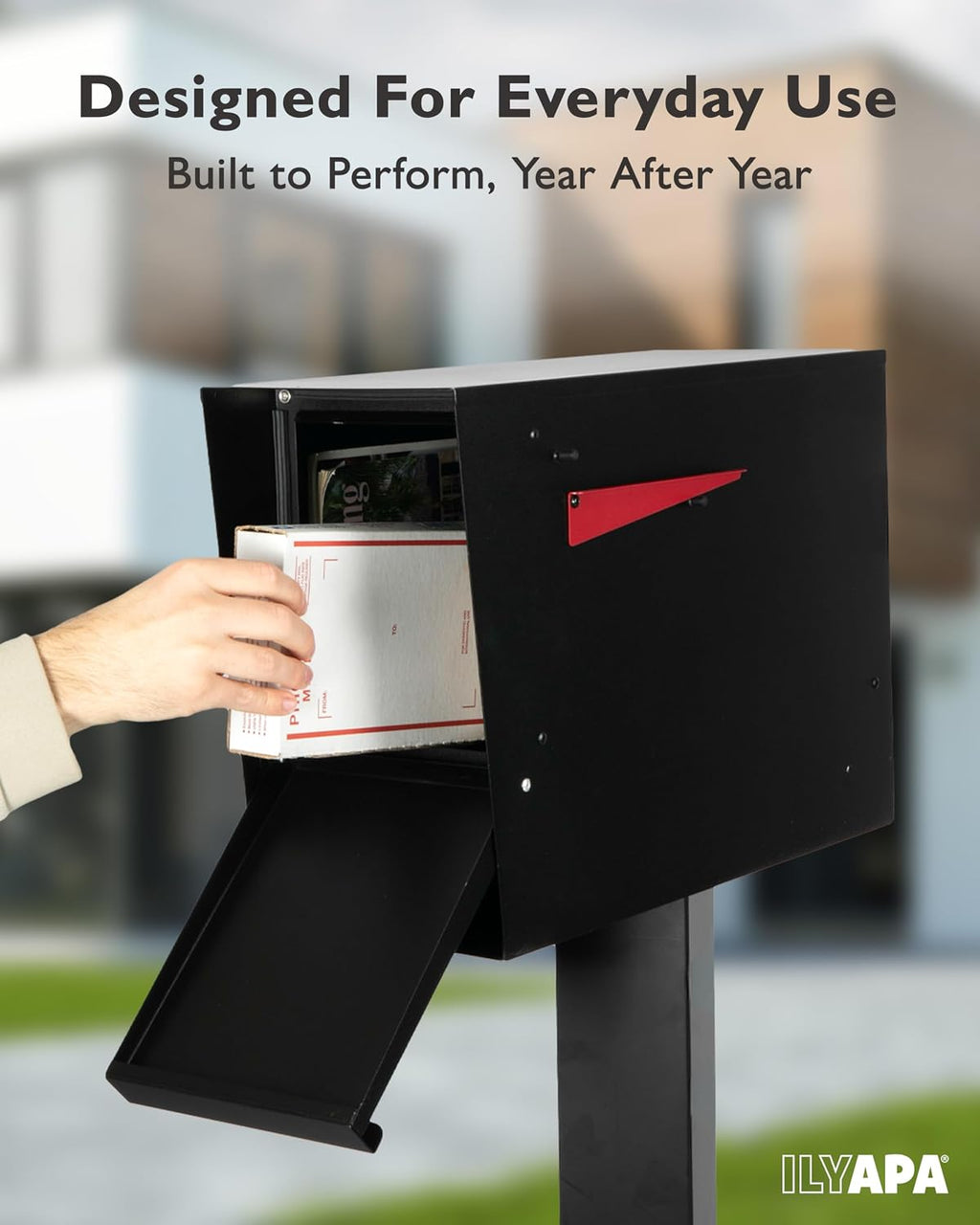 Ilyapa Black Modern Mailbox Post Mount Mailboxes For Outside with Newspaper Holder- Powder Coated Steel Metal Mail Box, Outdoor All Weather & Corrosion Resistant Stainless Steel Hinges & Magnetic Door
