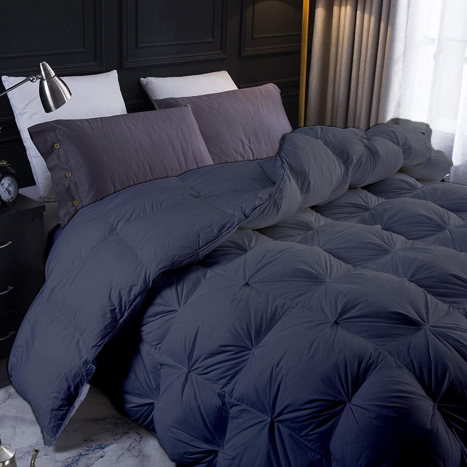 Dark Gray All Season Down Pin-Tuck Comforter- Twin XL Size 68 x 90 Inches 1 pc Pinch Pleated Comforter 600 GSM & 4-Corner Tab's 100% Egyptian Cotton- Dark Gray Solid