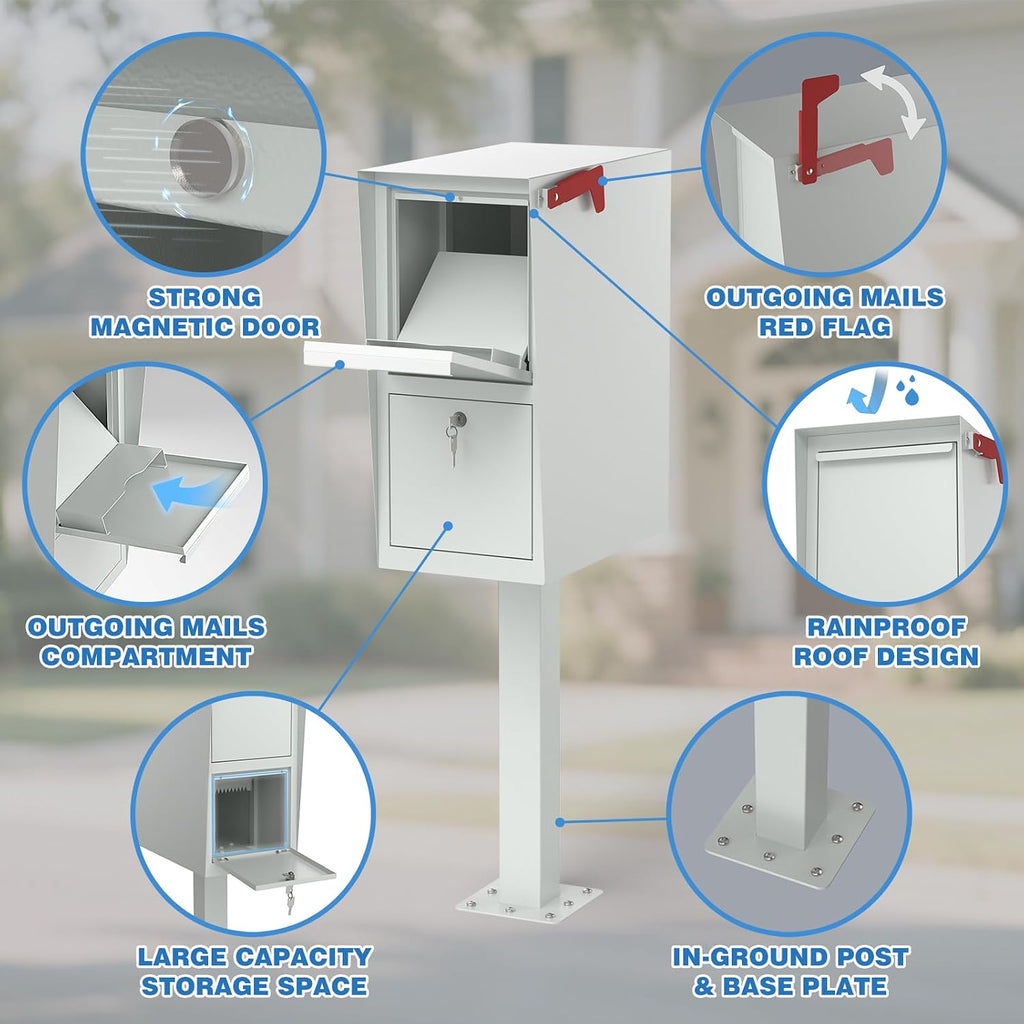 POCHAR Curbside Large Mailbox for Outside with Post - Locking Mailbox Post Mount with Base Plate - Weekend-Away Design Large Street Mail Box (White)
