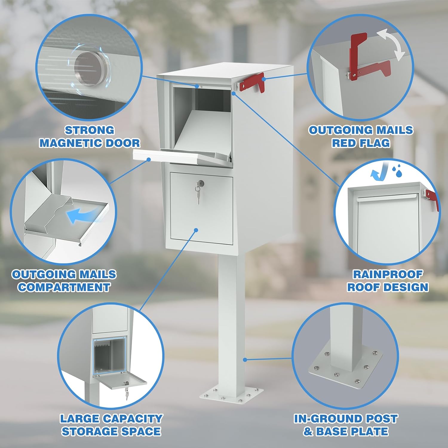 POCHAR Curbside Large Mailbox for Outside with Post - Locking Mailbox Post Mount with Base Plate - Weekend-Away Design Large Street Mail Box (White)