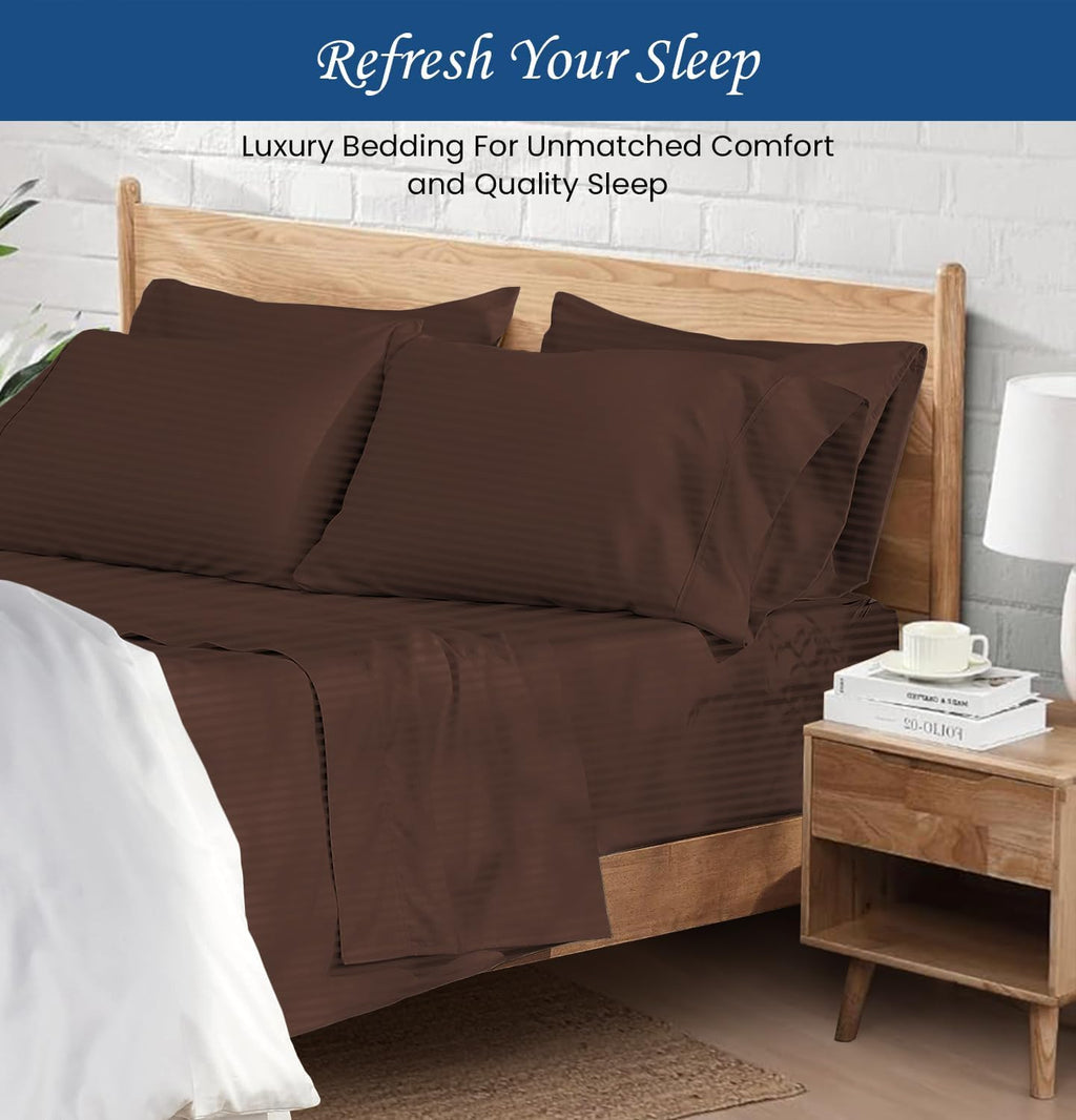 1000 Series - 100% Egyptian Cotton Sheet Set Soft & Comfy Breathable Hotel Quality Luxury Bedding -RV King Size Fits Mattress Up to 18-20' Deep (Stripe, Chocolate)