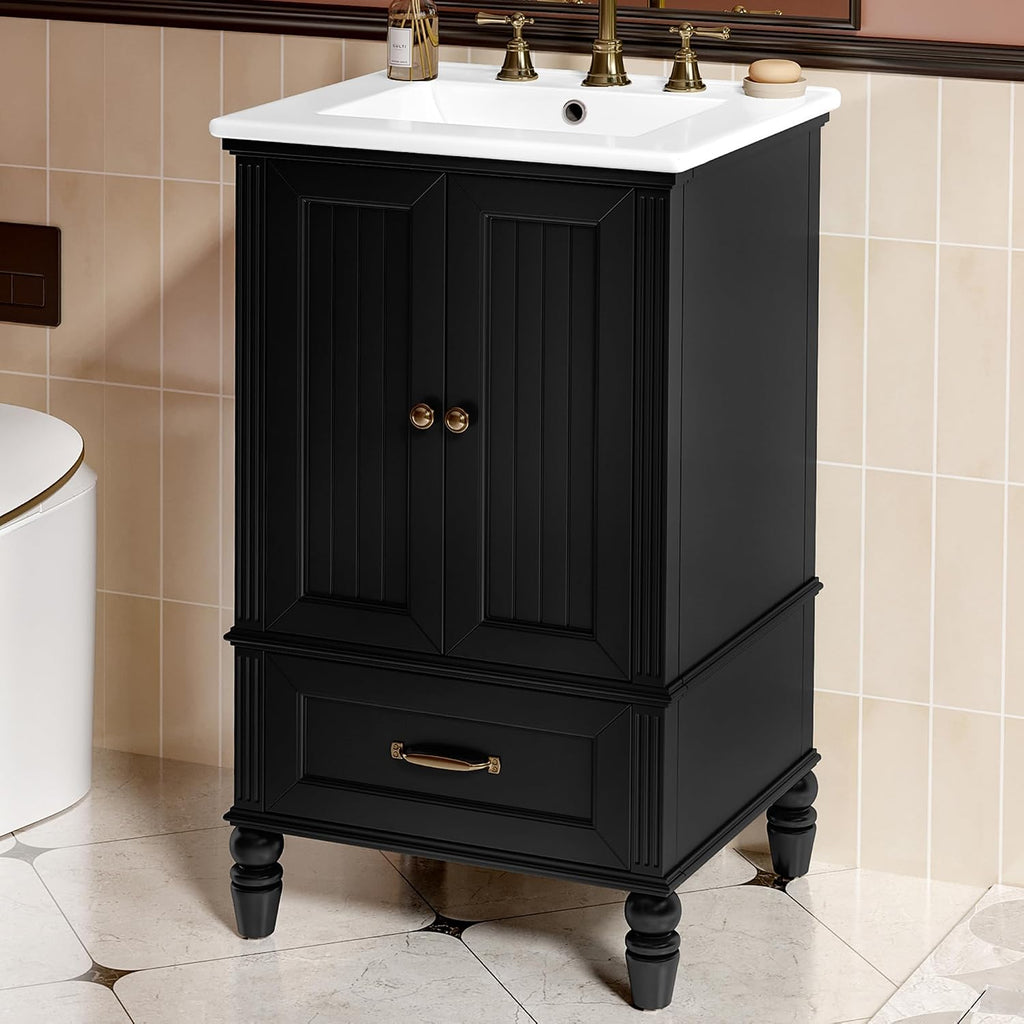 Linique 20-inch Bathroom Vanity with Ceramic Sink,1 Drawer & Cabinet Storage,Magnetic Door Stopper and Adiustable Foot Pads, Modern Freestanding,Black