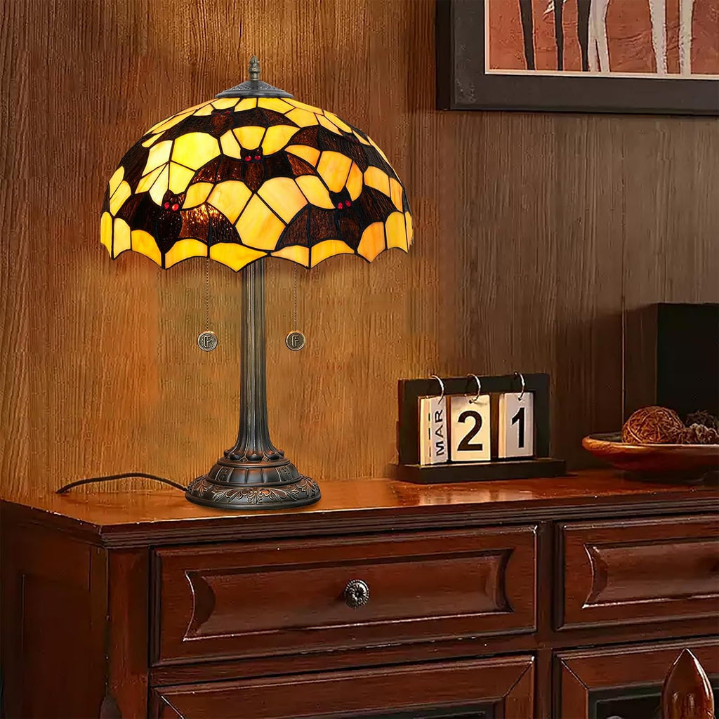 Tiffany Table Lamp Black Bat Design Stained Glass Lamp 16 inch Handmade Large Desk Light Antique Beside Reading Lamp for Home Living Room Bedroom Office
