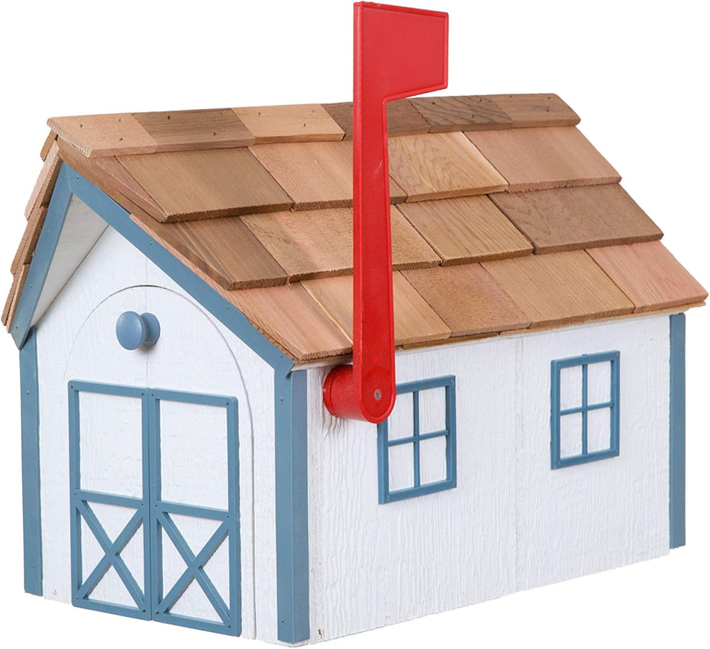 Amish Cedar Roof Wooden Mailbox with Window & Door Trim (White with Wedgewood Blue Trim)