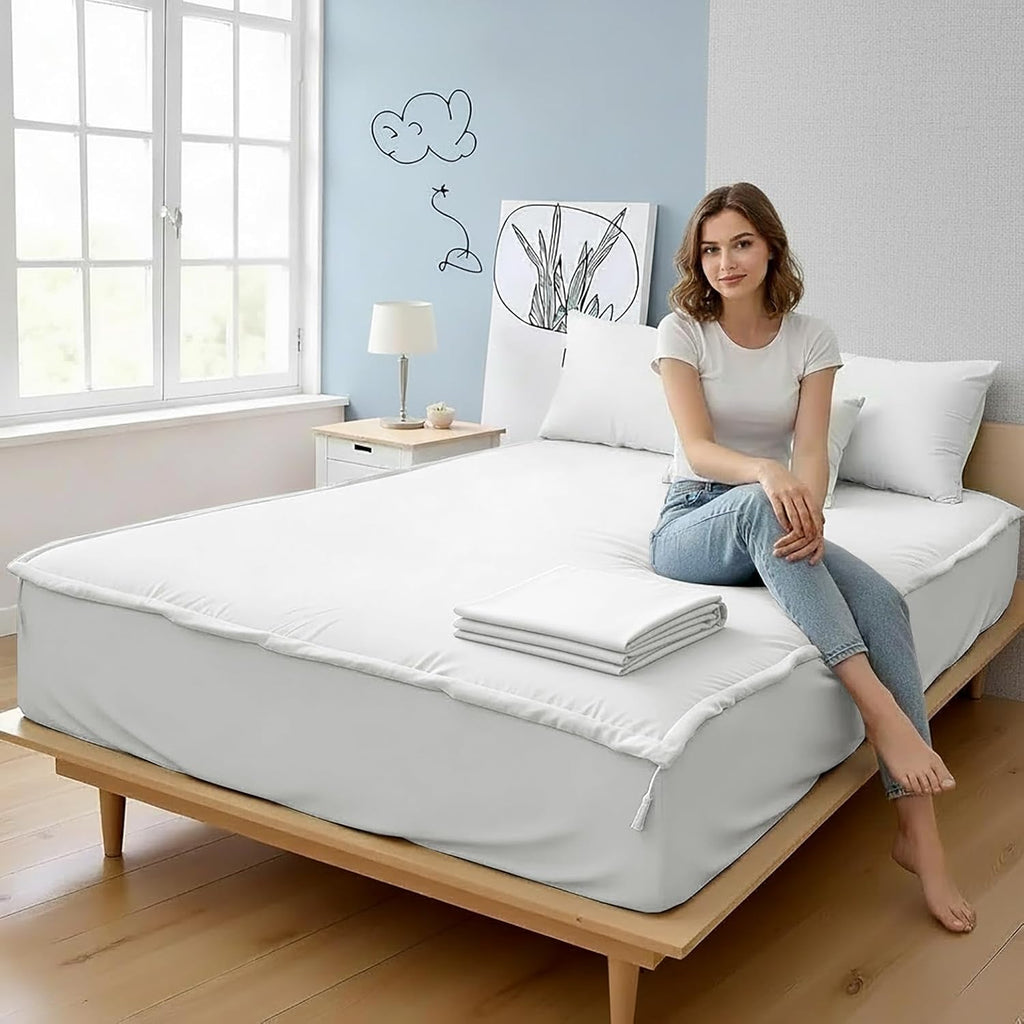 Zipper Fitted Sheet - Includes 1 Fitted Sheet Base & 2 Zip-On Sheets - Upto 16' in. Deep Pockets King Size Zipper Fitted Sheet - Easy to Change, Sateen Cotton 600 TC Fitted Sheet - White