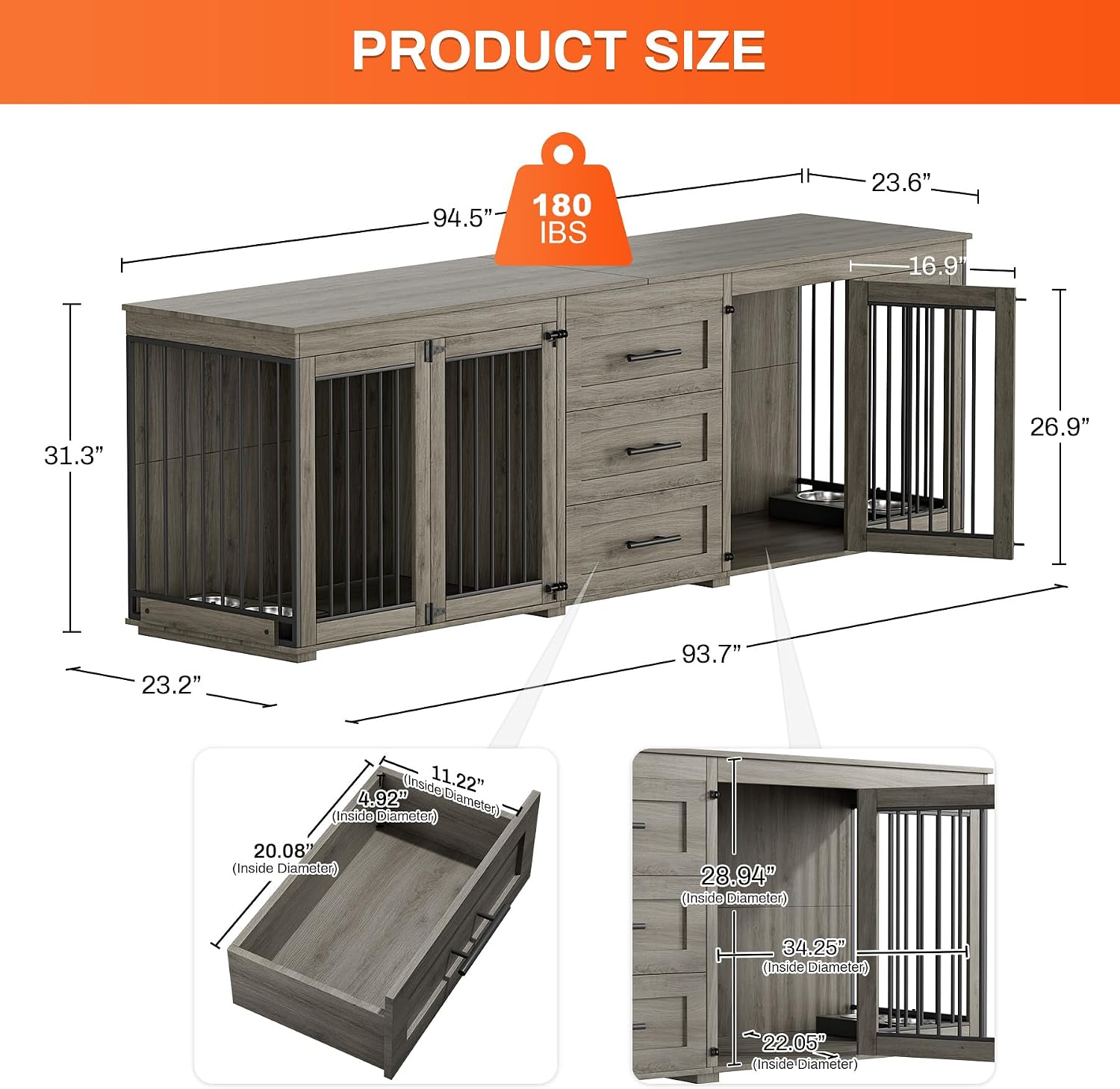 Rophefx 94.5' Dog Crate Furniture for 2 Dogs, Large Dog Kennel Furniture with 3 Storage Drawer, Wooden Dog Cage with 4 Bowls, Indoor Dog House TV Stand with Locks for Large Medium Dog, Grey
