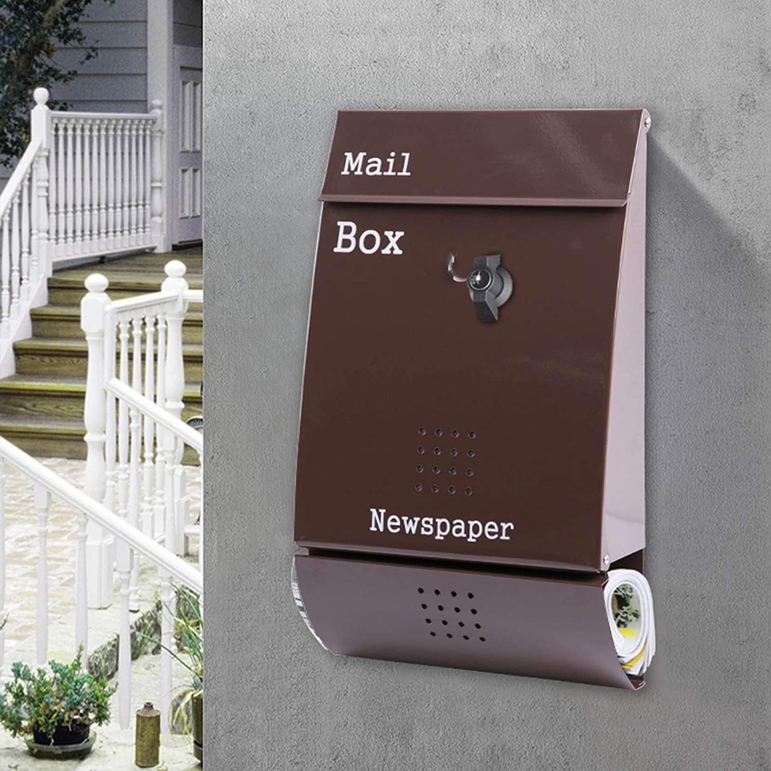 JYDQM Suggestion Box Business Drop Boxes Donation Box Modern Metal Mailbox with Locked and Keys, Residential Office Hanging Brown Post/Letter Box with Newspapers Compartment