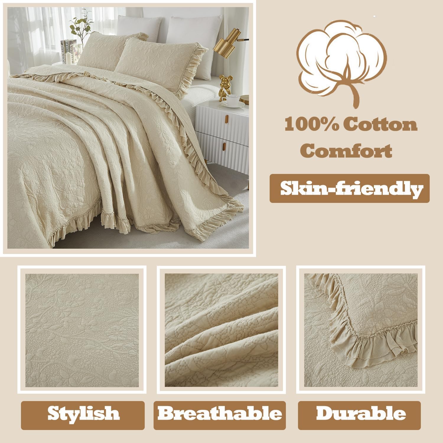 Brandream Luxury Cotton Quilt Set Queen Size ?Handcrafted Floral Vine Stitching Beige Ruffled Edge Bedspread Heirloom Quilt Bedding Set 3-Piece