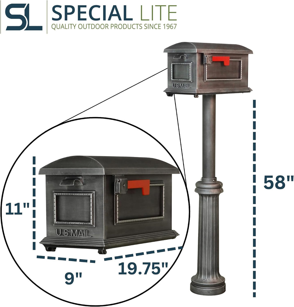 Traditional Curbside Mailbox with Bradford Post - Swedish Silver Aluminum Mailbox with Direct Burial Post - SCT-1010_SPK-590-SW