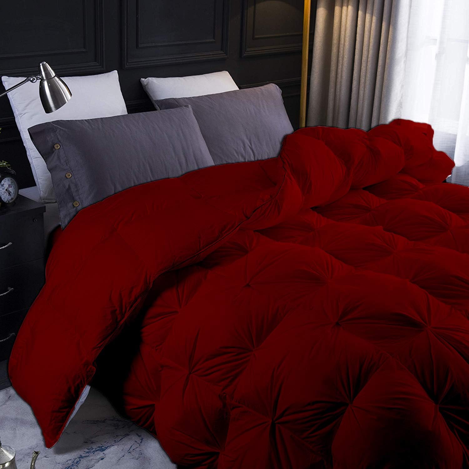 Burgundy All Season Down Alternative Pintuck Comforter- Queen Size 90 x 90 Inches 1 pc Pinch Pleated Comforter 600 GSM & 4 - Corner Tabs 100% Egyptian Cotton- - Burgundy Solid